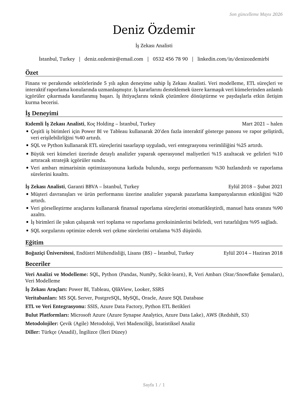 Business Intelligence Analysts CV in Turkish — page 1