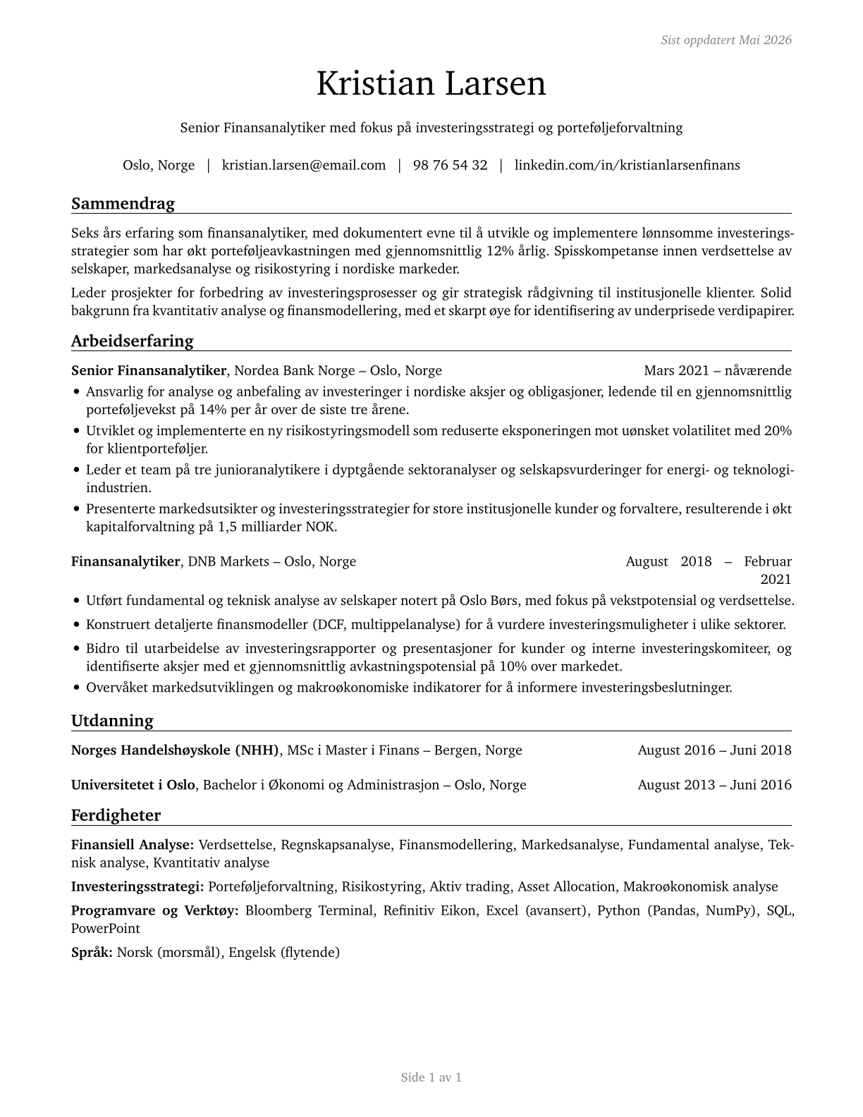 Financial and Investment Analysts CV in Norwegian_bokmal — page 1