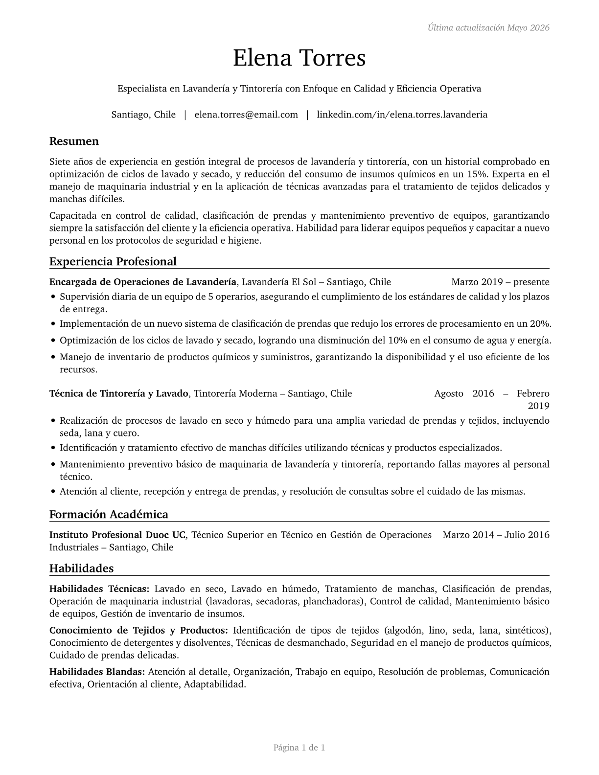 Laundry and Dry-Cleaning Workers CV in Spanish — page 1