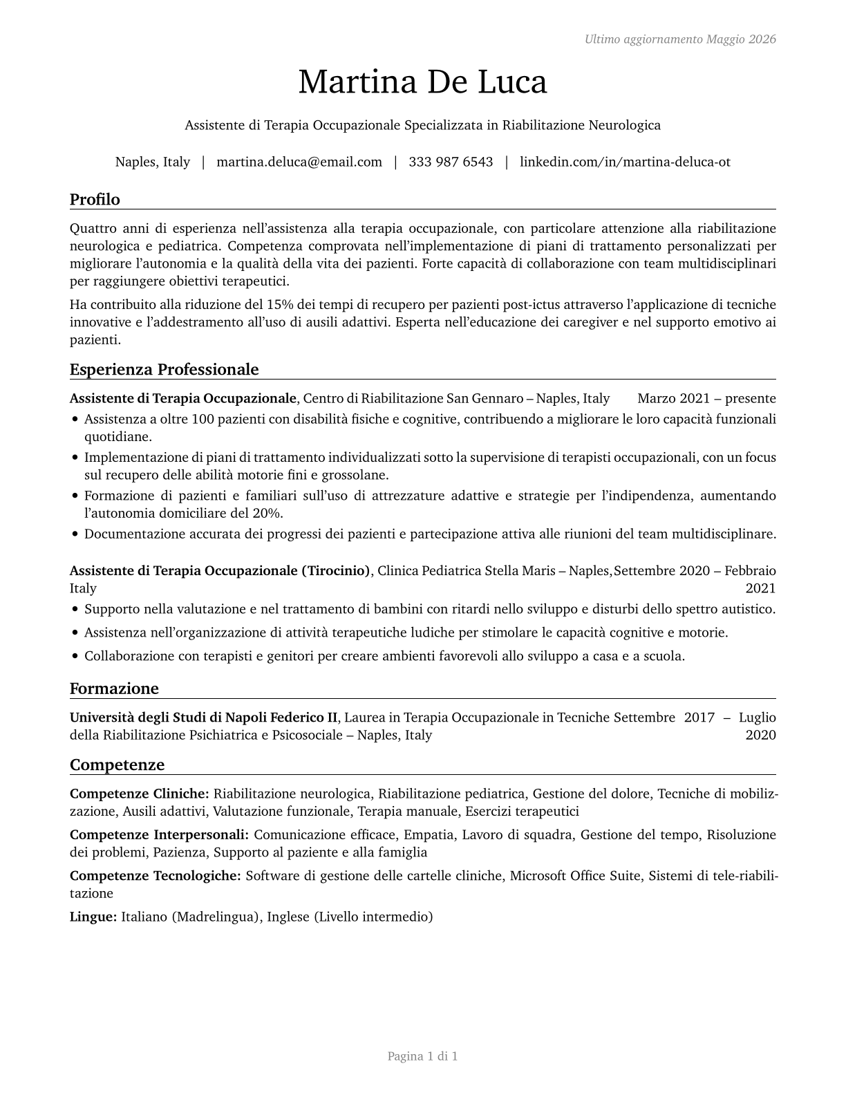 Occupational Therapy Assistants CV in Italian — page 1