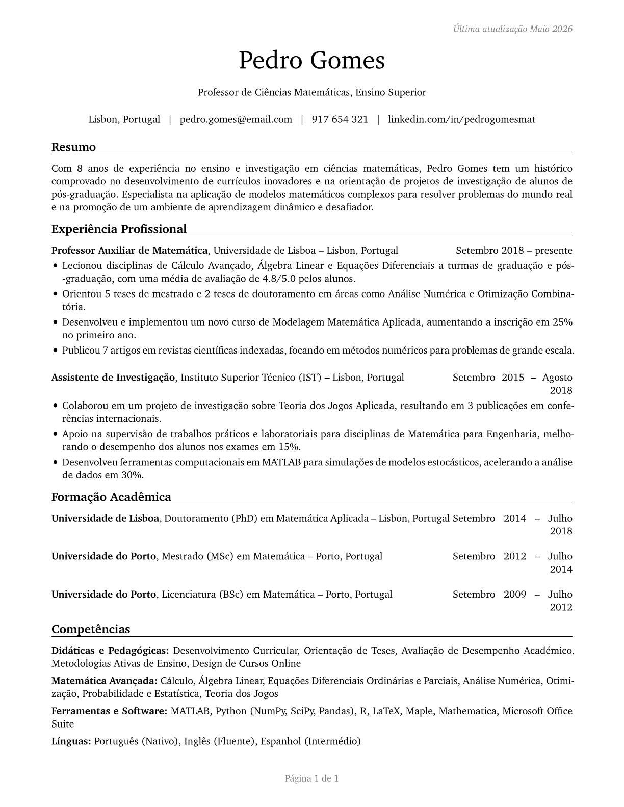 Mathematical Science Teachers, Postsecondary CV in Portuguese — page 1