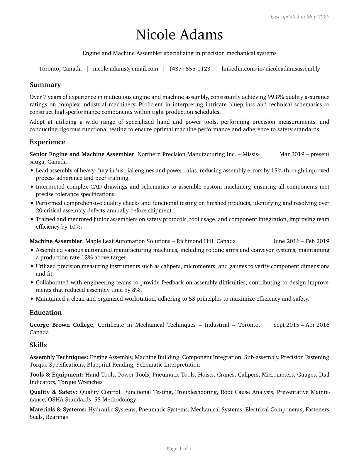 Engine and Other Machine Assemblers CV in English — page 1