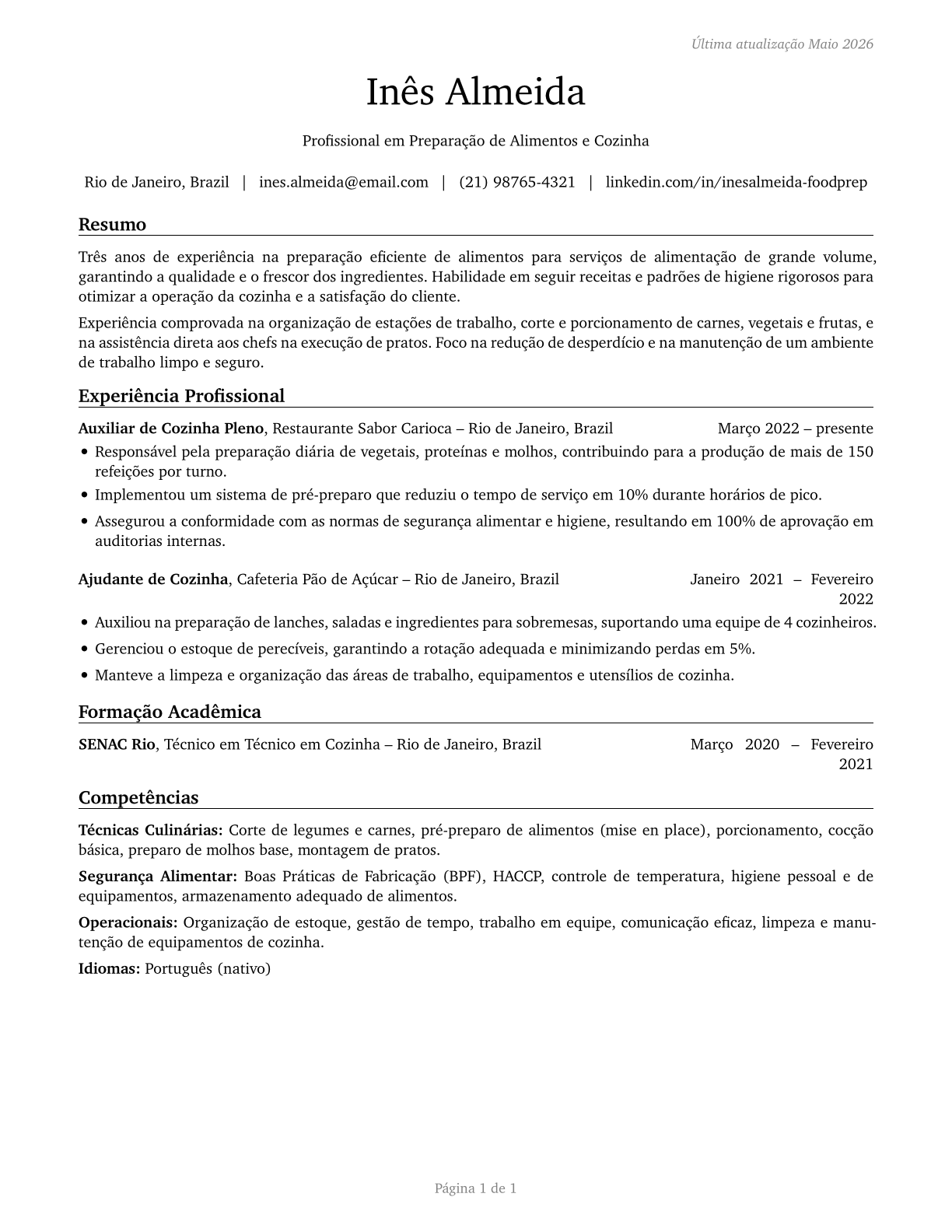 Food Preparation Workers CV in Portuguese — page 1