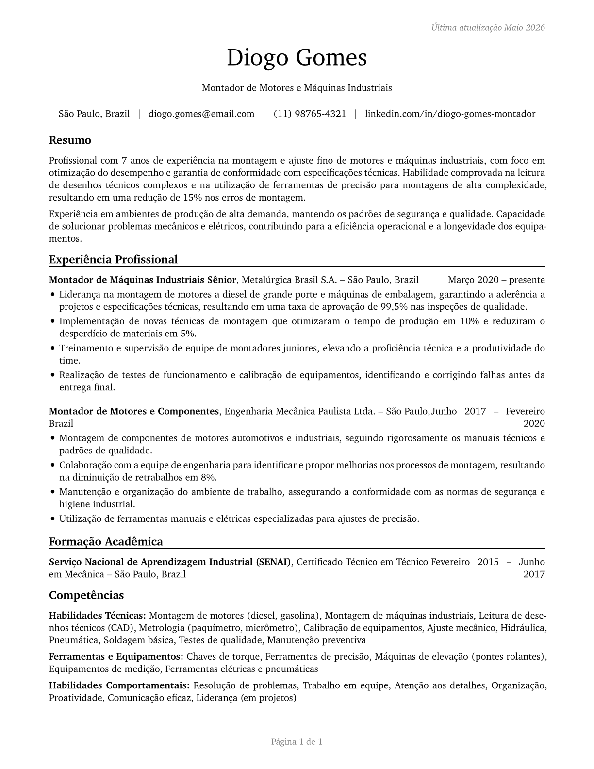 Engine and Other Machine Assemblers CV in Portuguese — page 1