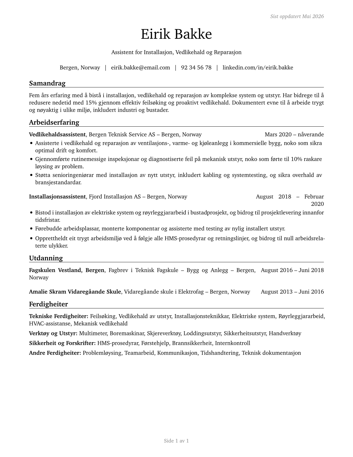Helpers--Installation, Maintenance, and Repair Workers CV in Norwegian_nynorsk — page 1