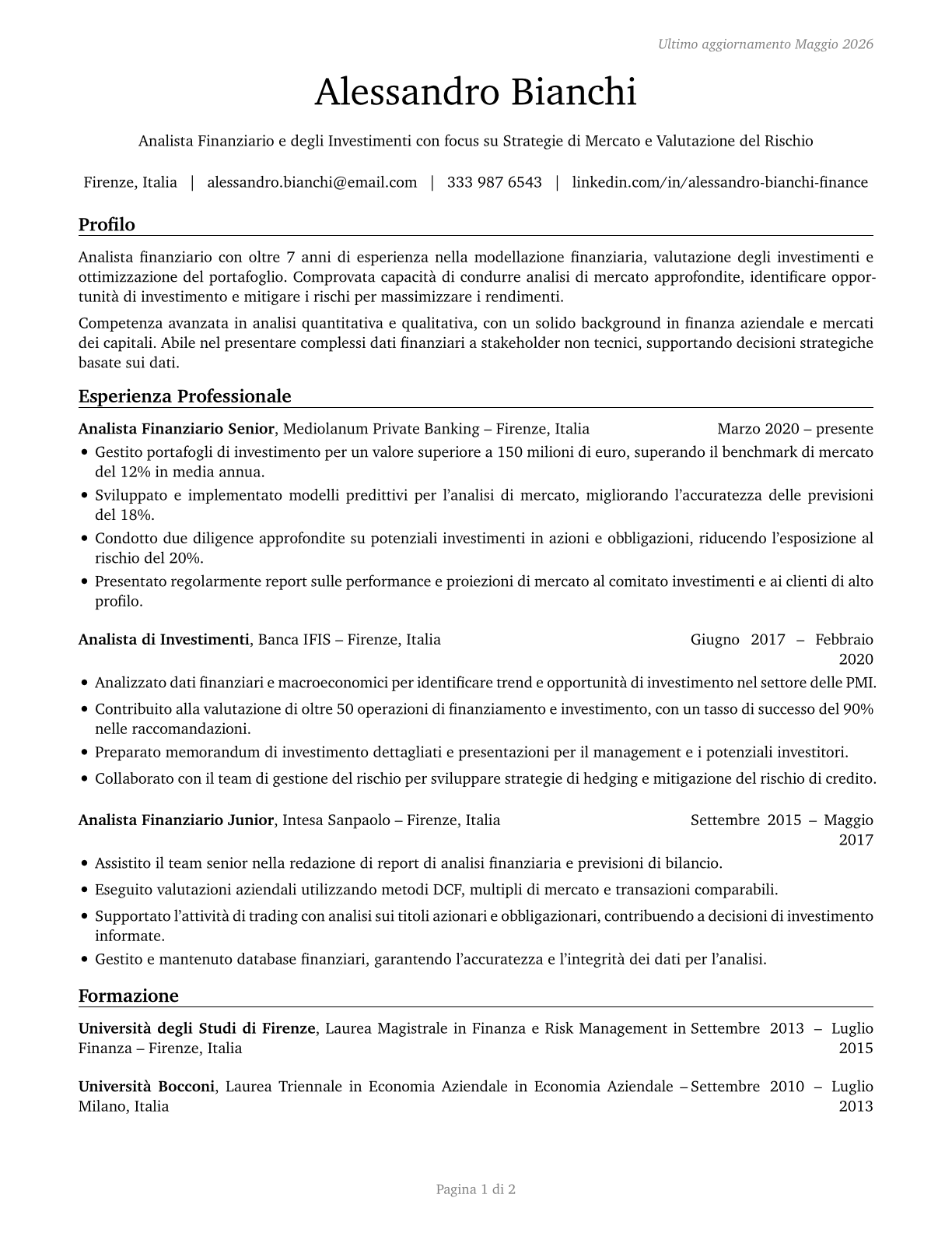 Financial and Investment Analysts CV in Italian — page 1