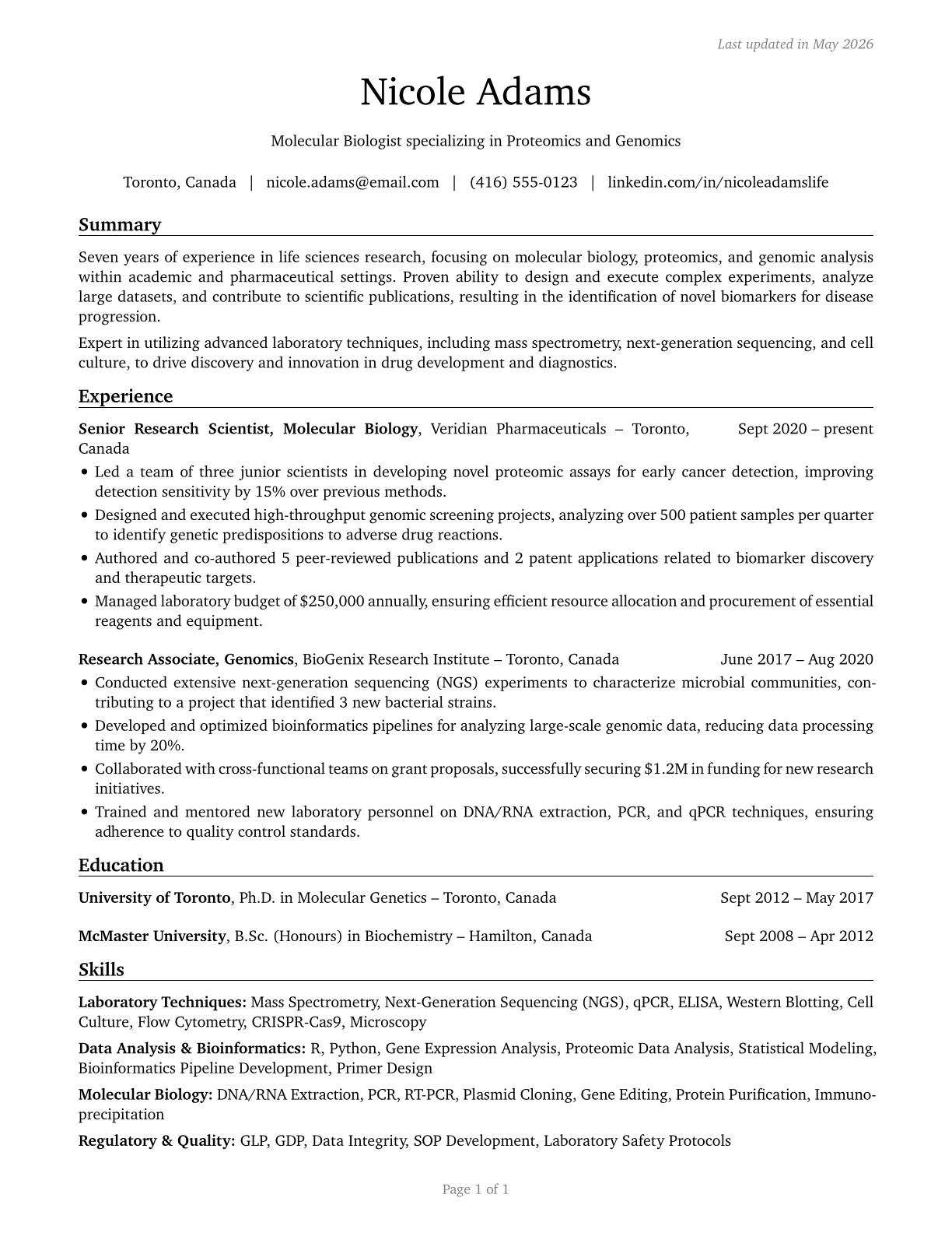 Life Scientists, All Other CV in English — page 1