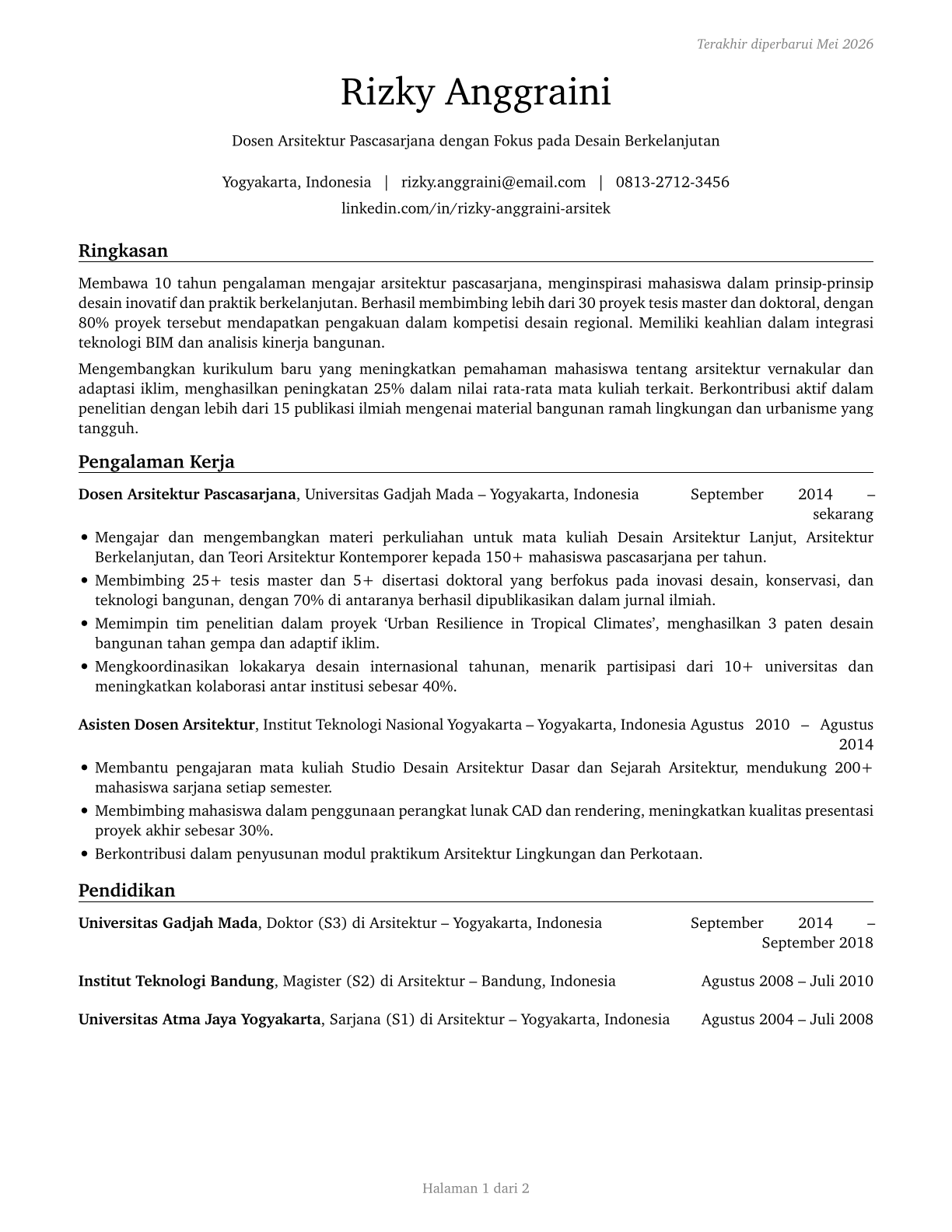 Architecture Teachers, Postsecondary CV in Indonesian — page 1