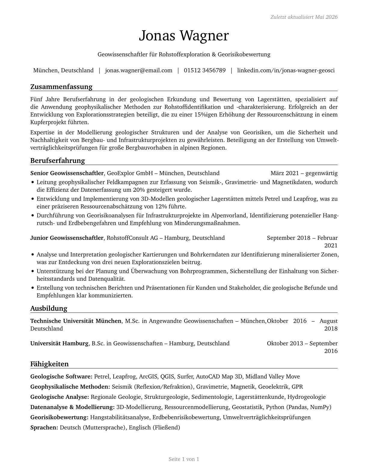 Geoscientists, Except Hydrologists and Geographers CV in German — page 1