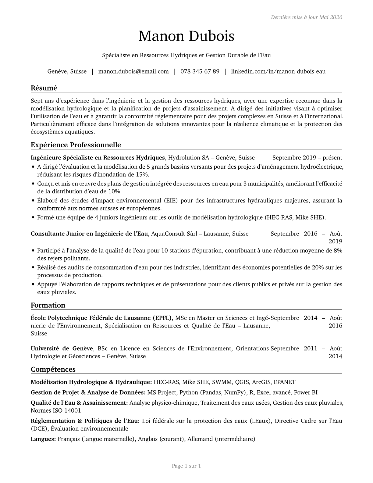 Water Resource Specialists CV in French — page 1