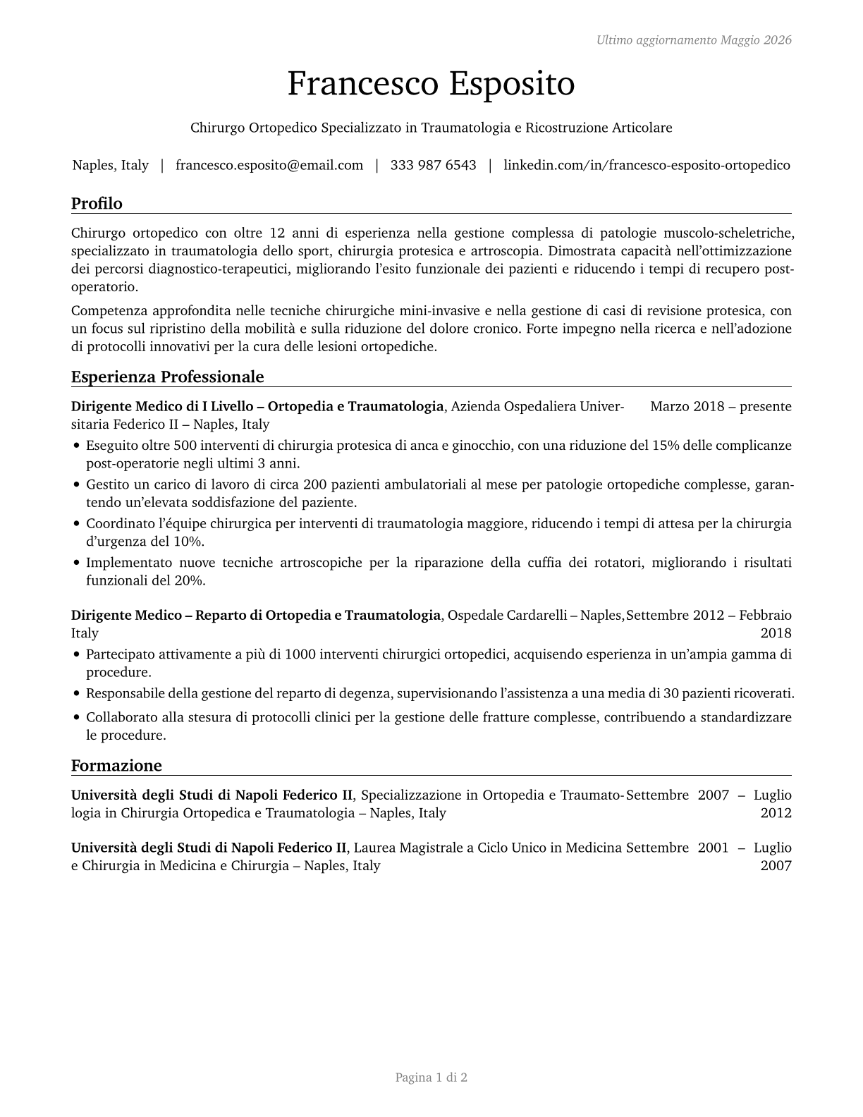 Orthopedic Surgeons, Except Pediatric CV in Italian — page 1