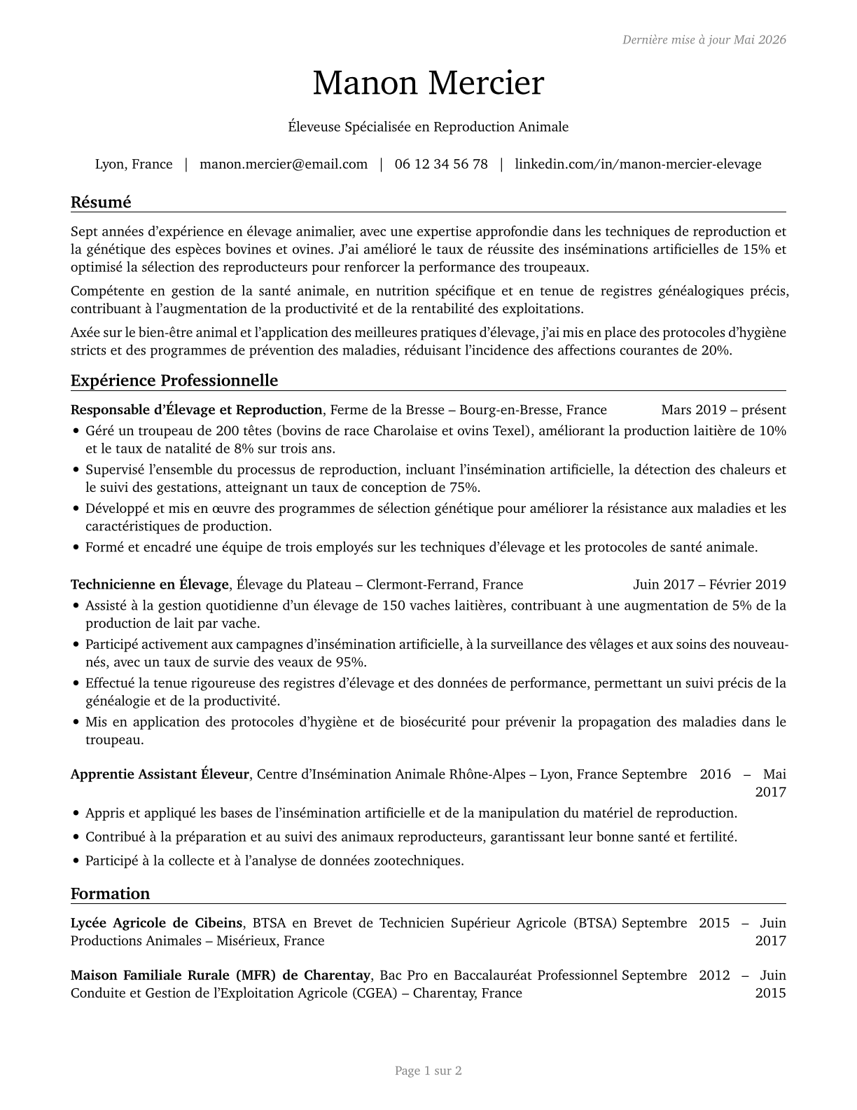 Animal Breeders CV in French — page 1