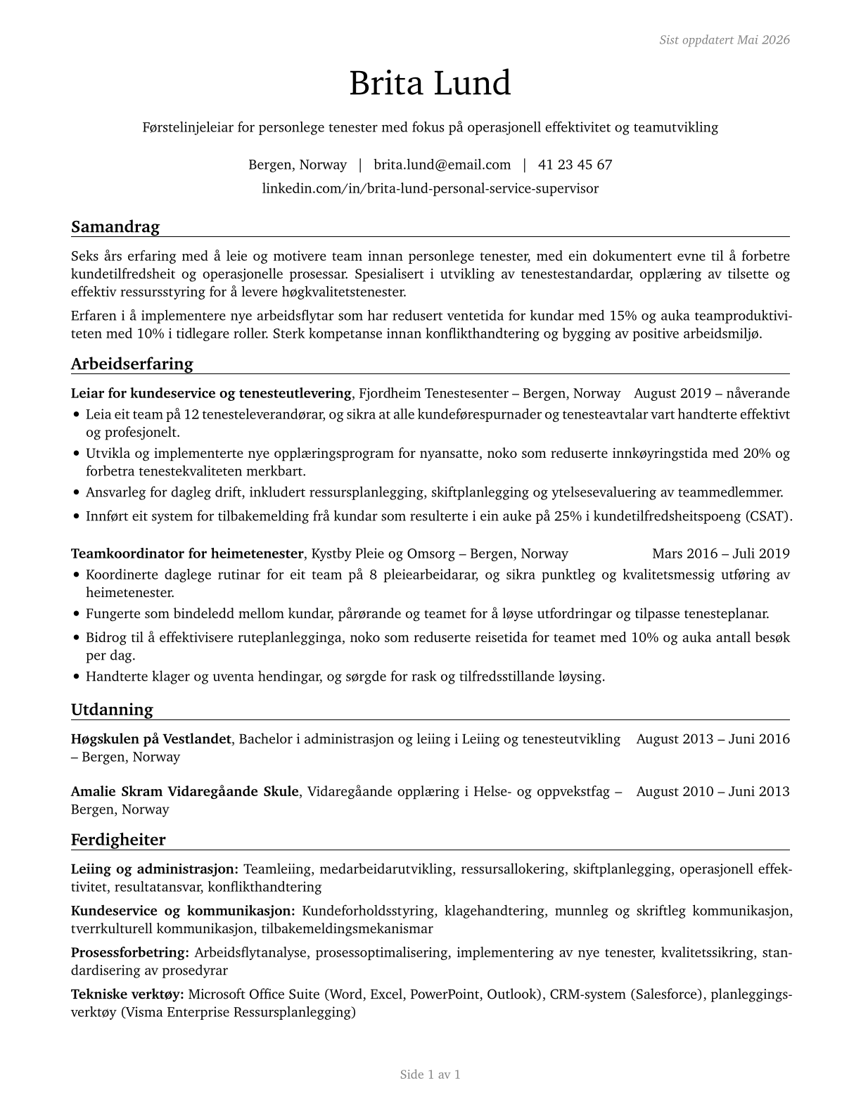 First-Line Supervisors of Personal Service Workers CV in Norwegian_nynorsk — page 1