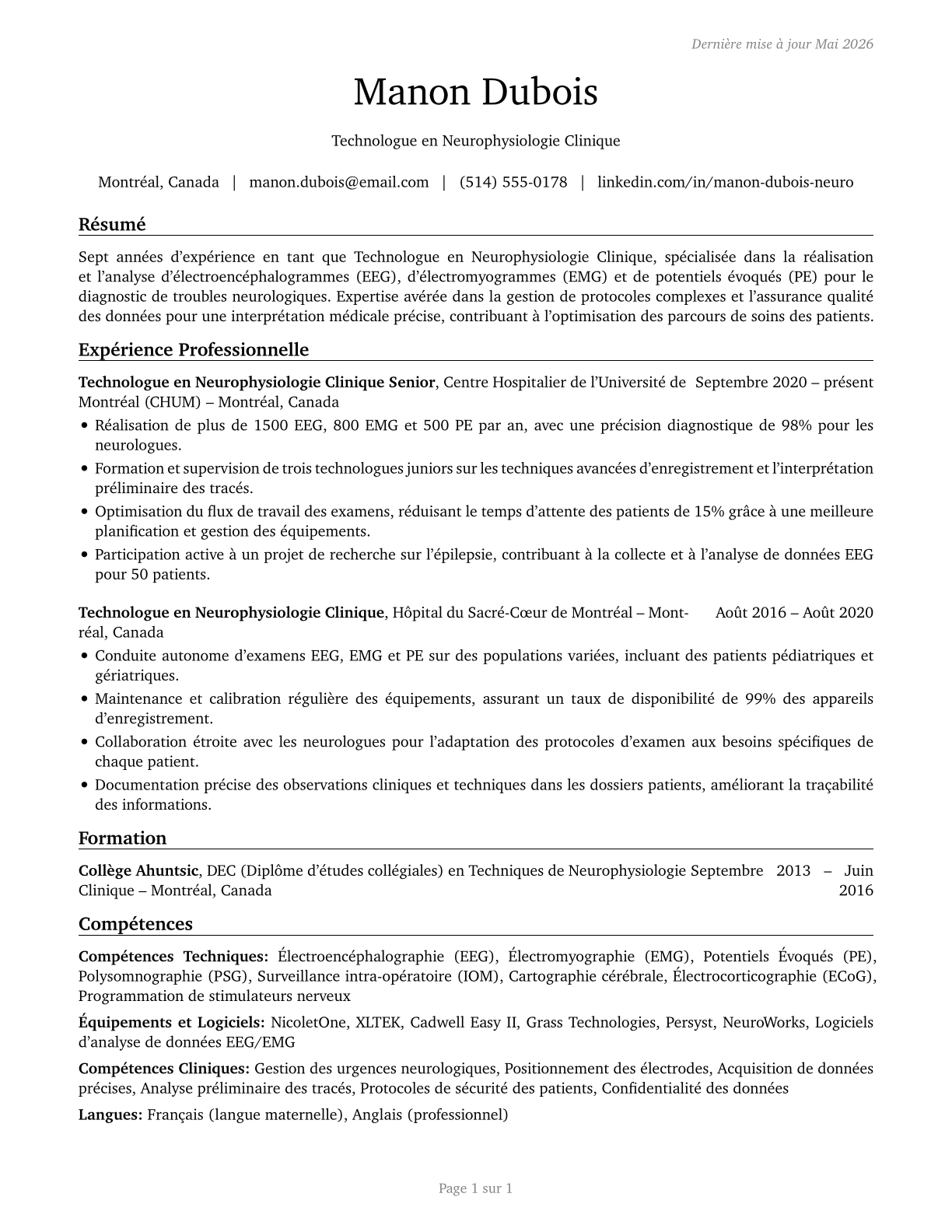 Neurodiagnostic Technologists CV in French — page 1