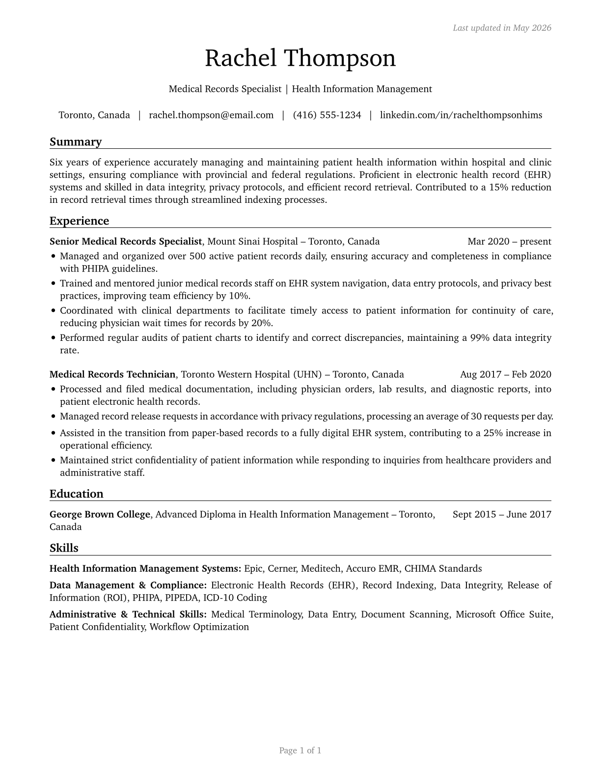 Medical Records Specialists CV in English — page 1