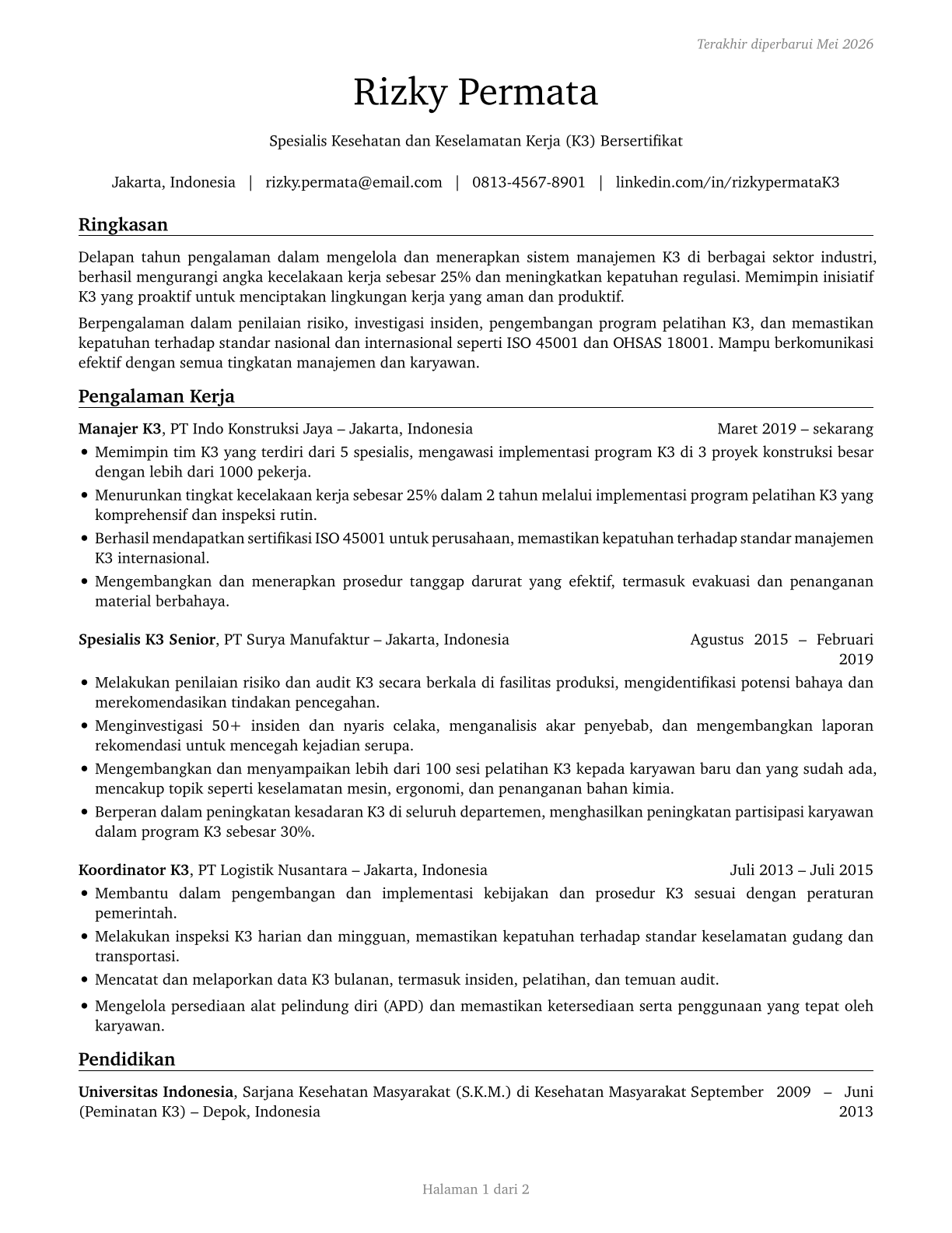 Occupational Health and Safety Specialists CV in Indonesian — page 1