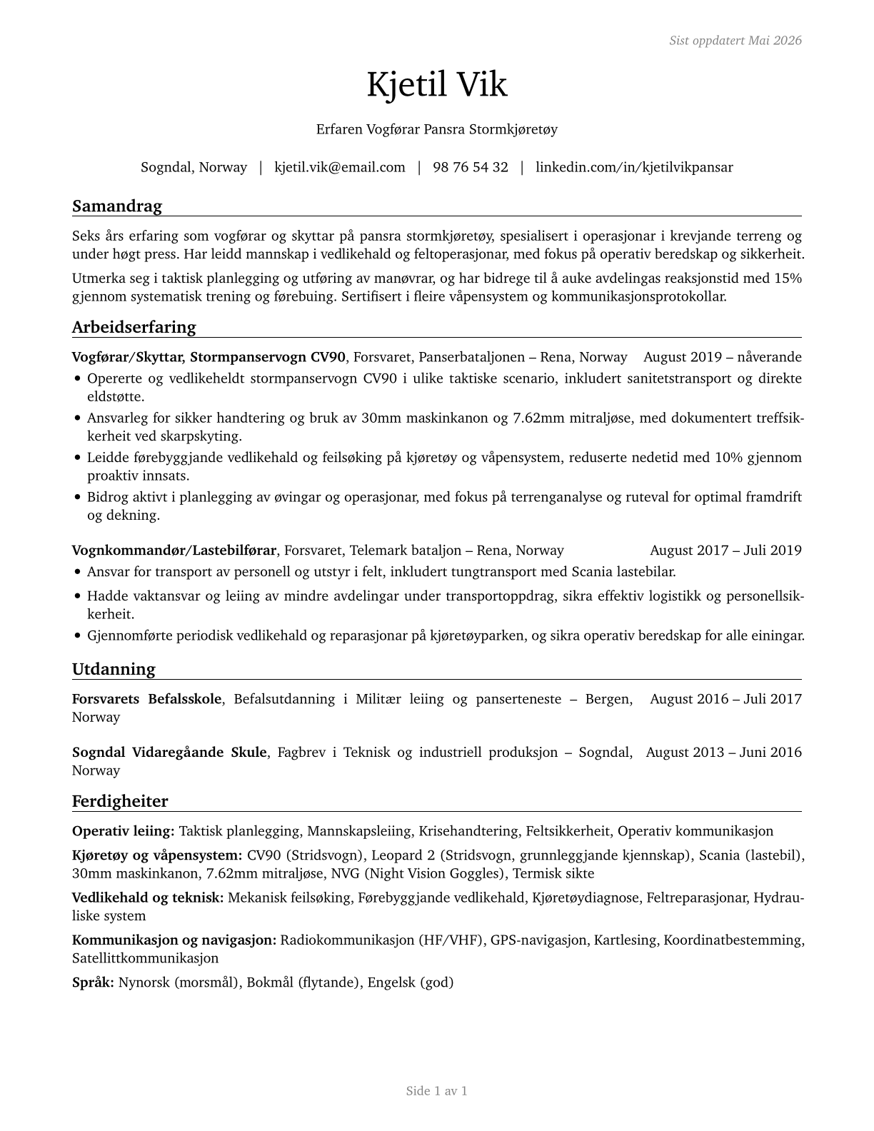 Armored Assault Vehicle Crew Members CV in Norwegian_nynorsk — page 1
