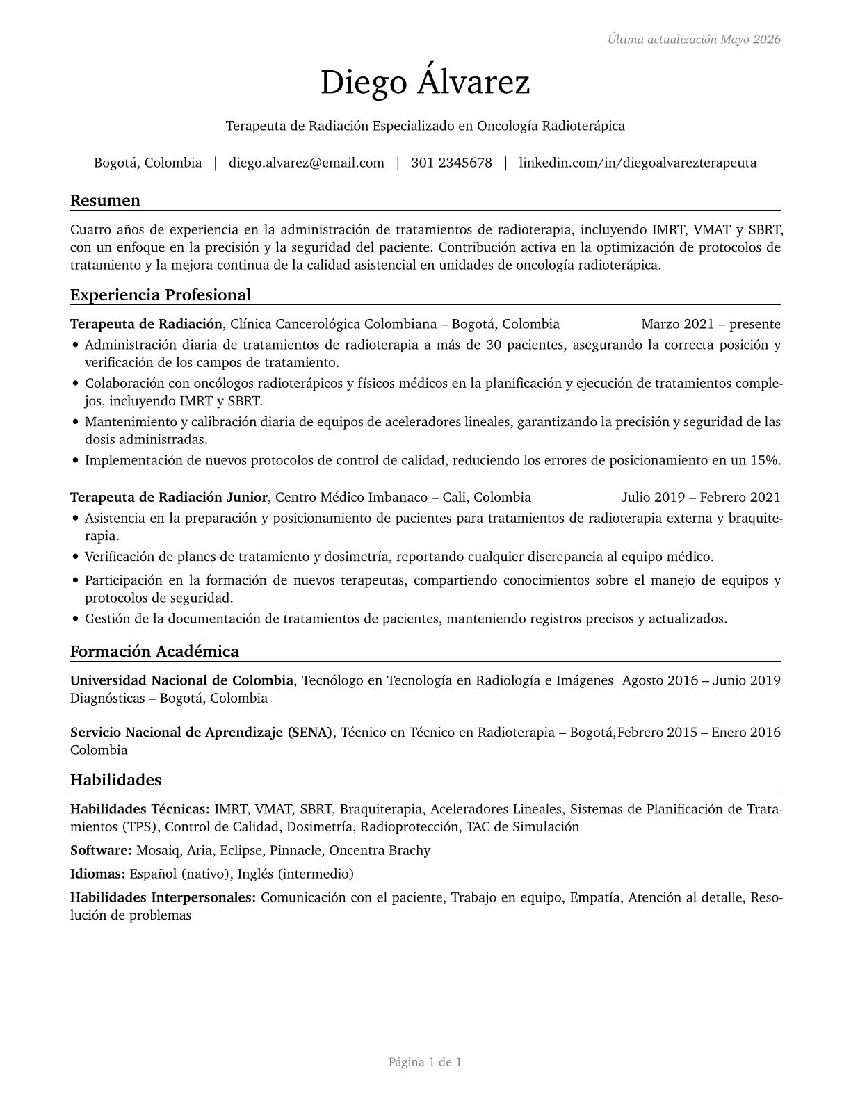 Radiation Therapists CV in Spanish — page 1