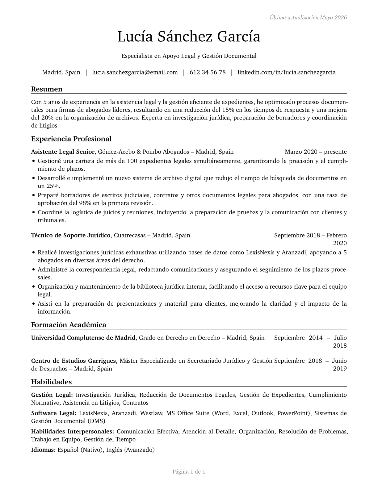 Legal Support Workers, All Other CV in Spanish — page 1