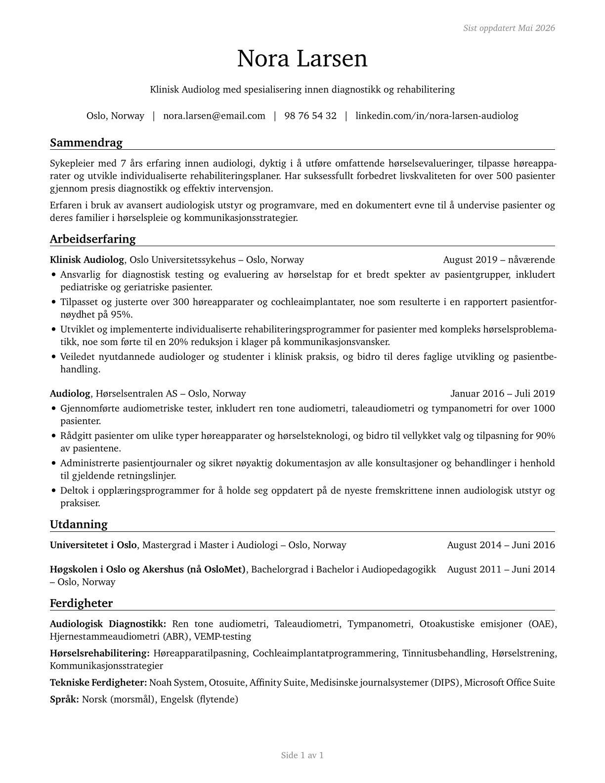 Audiologists CV in Norwegian_bokmal — page 1