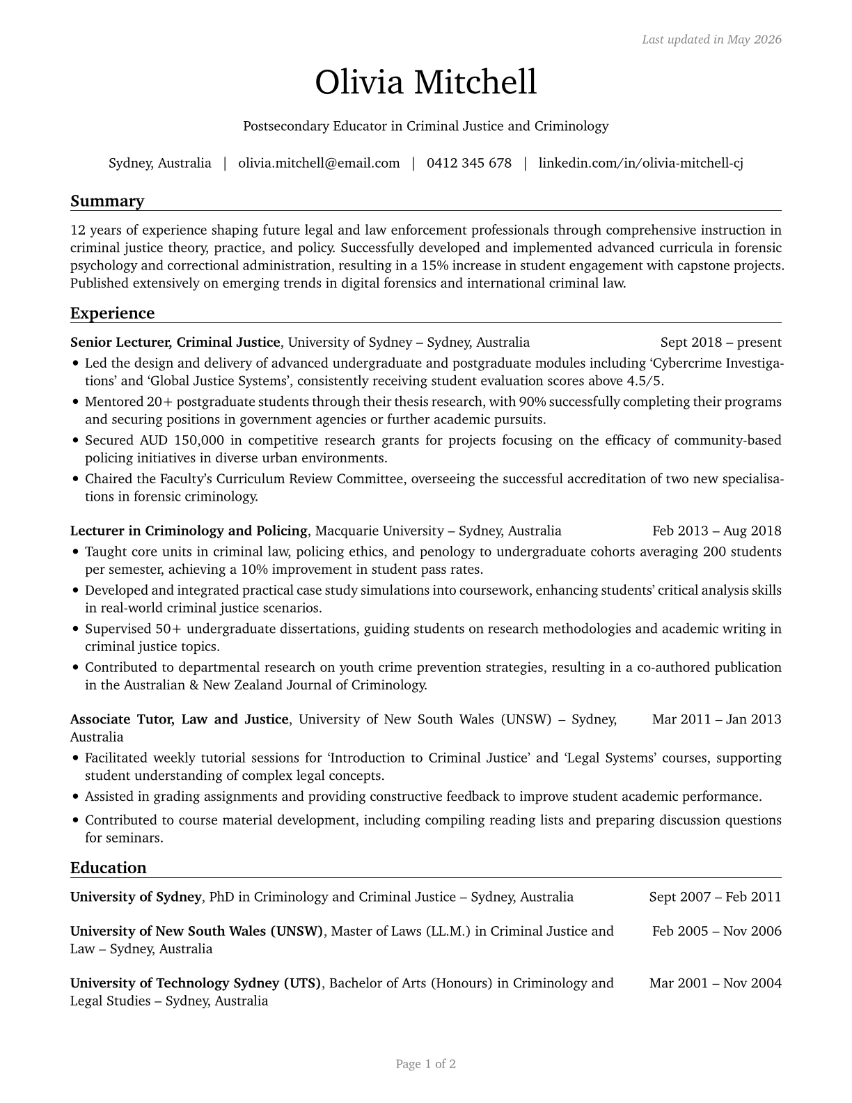 Criminal Justice and Law Enforcement Teachers, Postsecondary CV in English — page 1