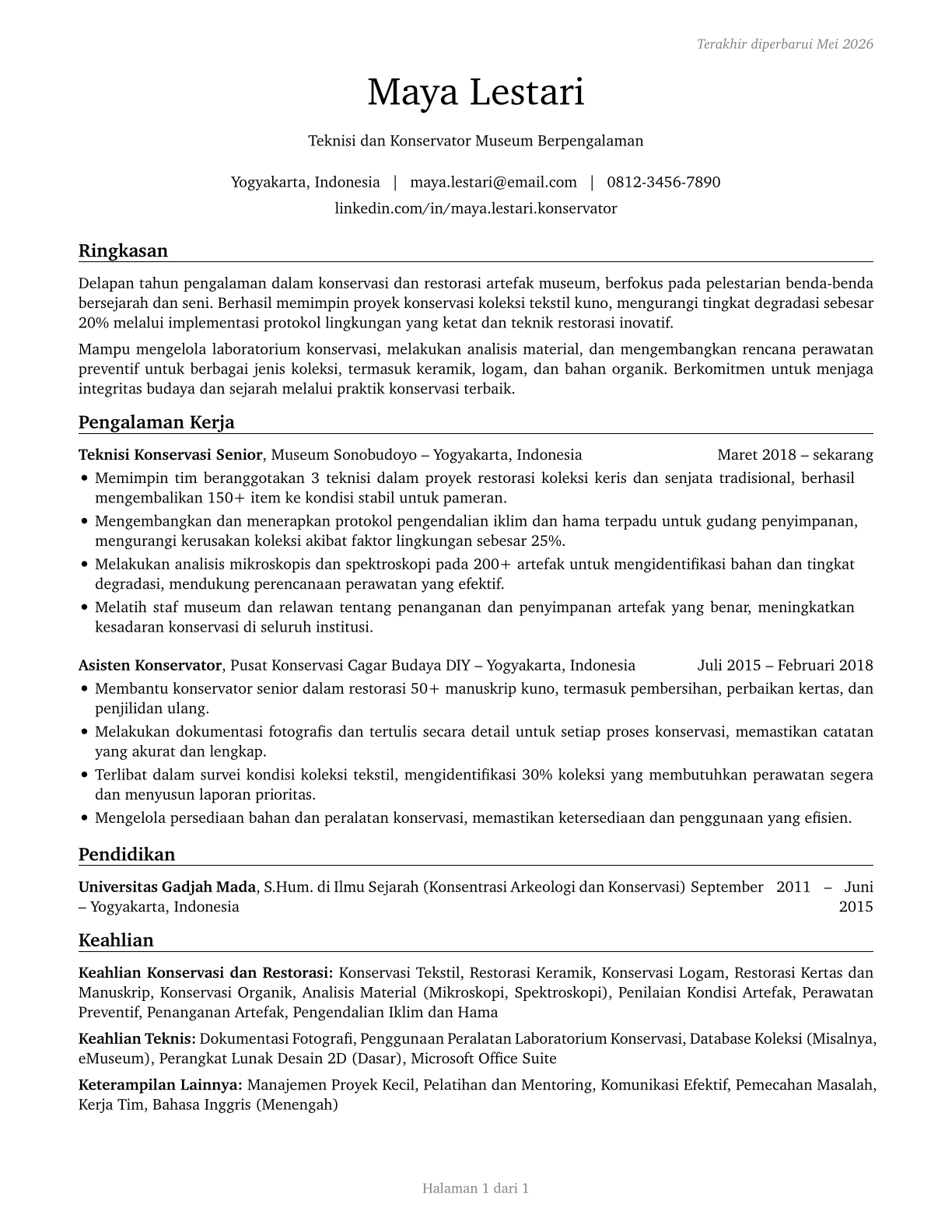 Museum Technicians and Conservators CV in Indonesian — page 1