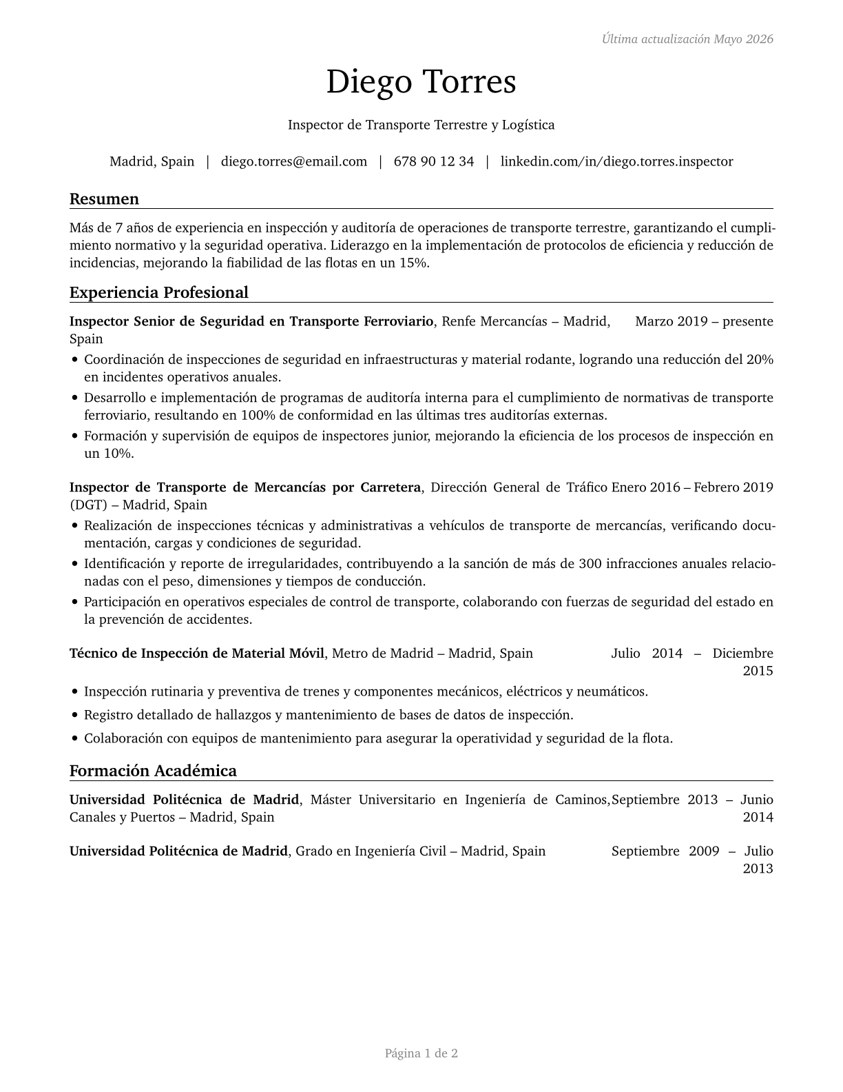 Transportation Inspectors CV in Spanish — page 1