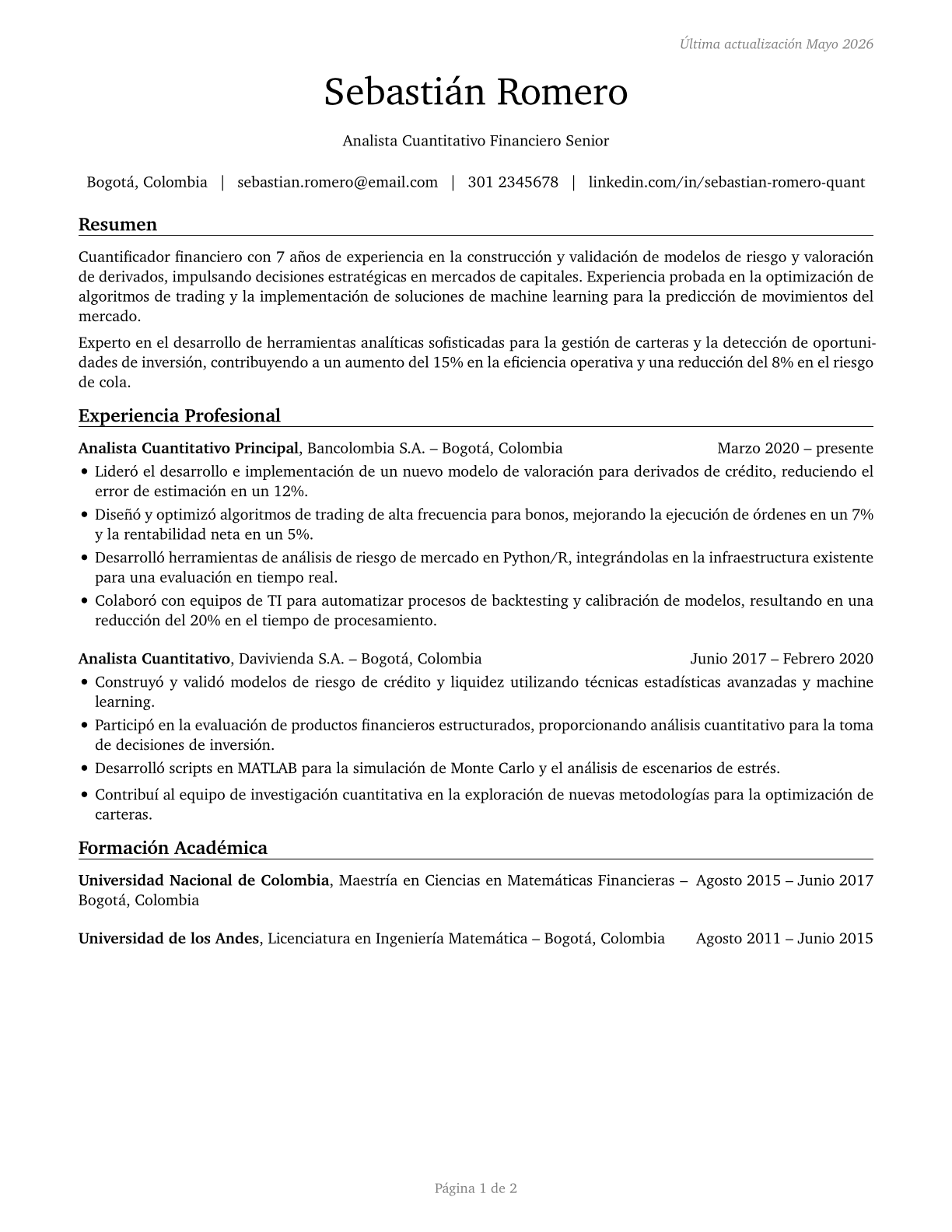 Financial Quantitative Analysts CV in Spanish — page 1