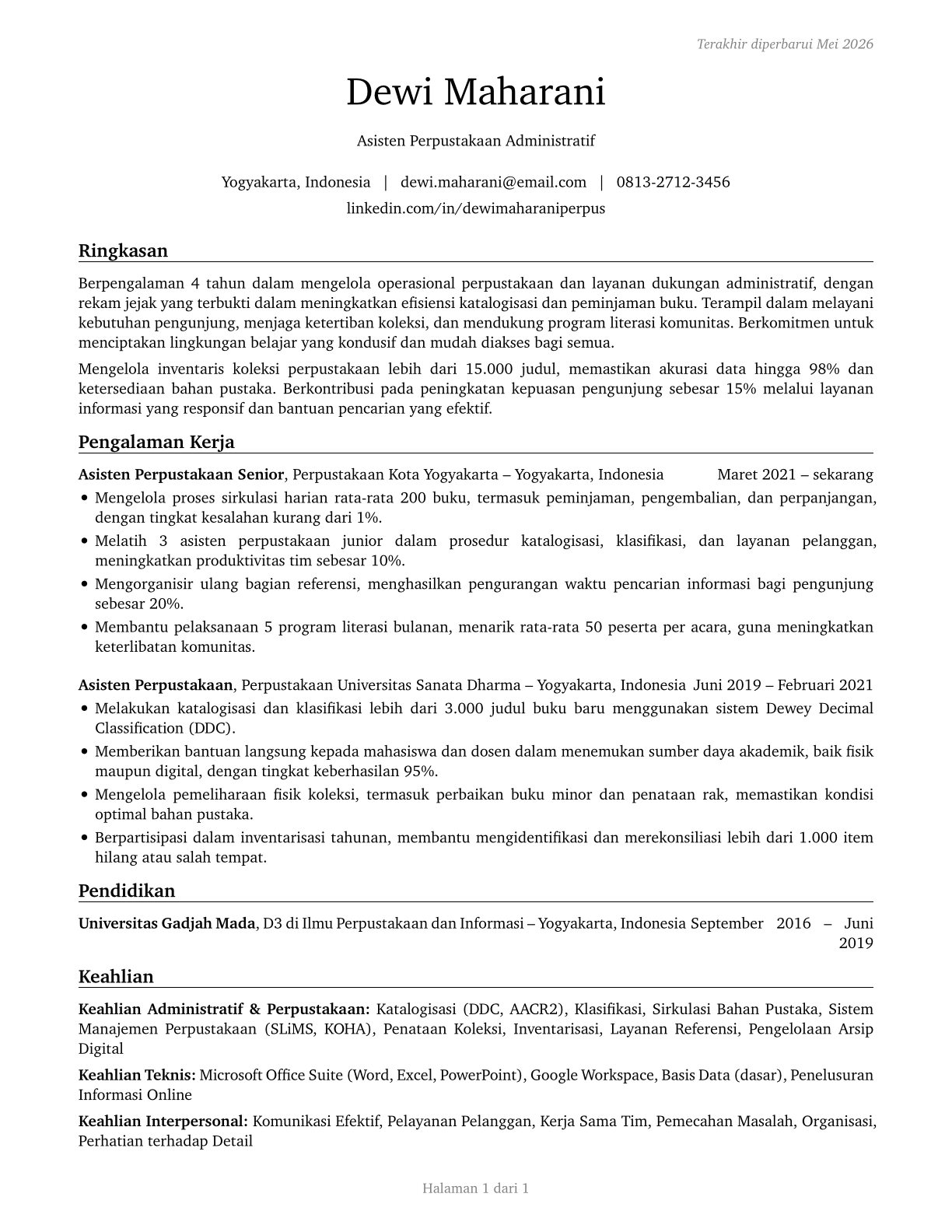 Library Assistants, Clerical CV in Indonesian — page 1