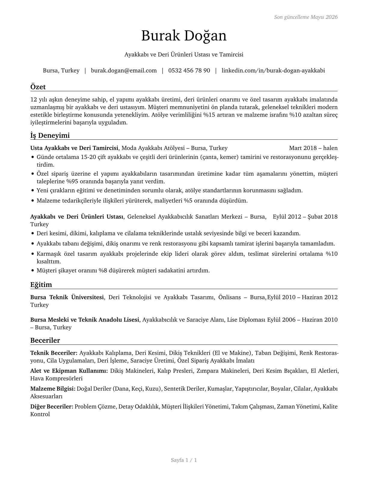 Shoe and Leather Workers and Repairers CV in Turkish — page 1