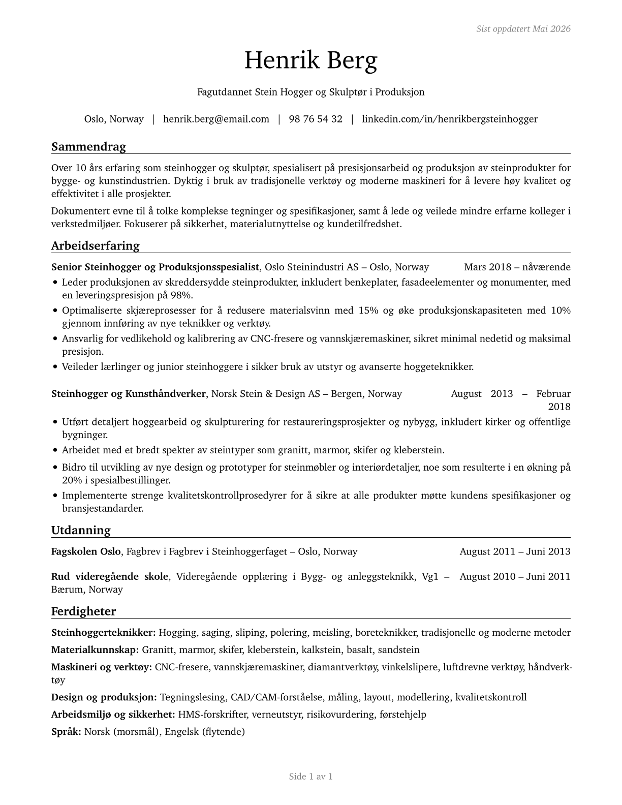 Stone Cutters and Carvers, Manufacturing CV in Norwegian_bokmal — page 1