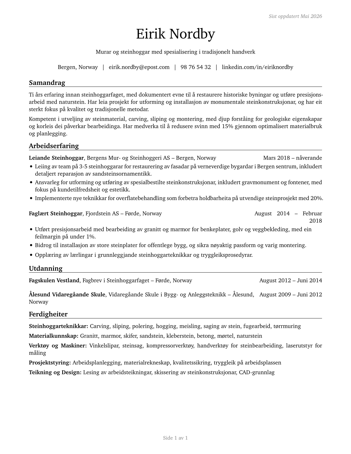 Stonemasons CV in Norwegian_nynorsk — page 1
