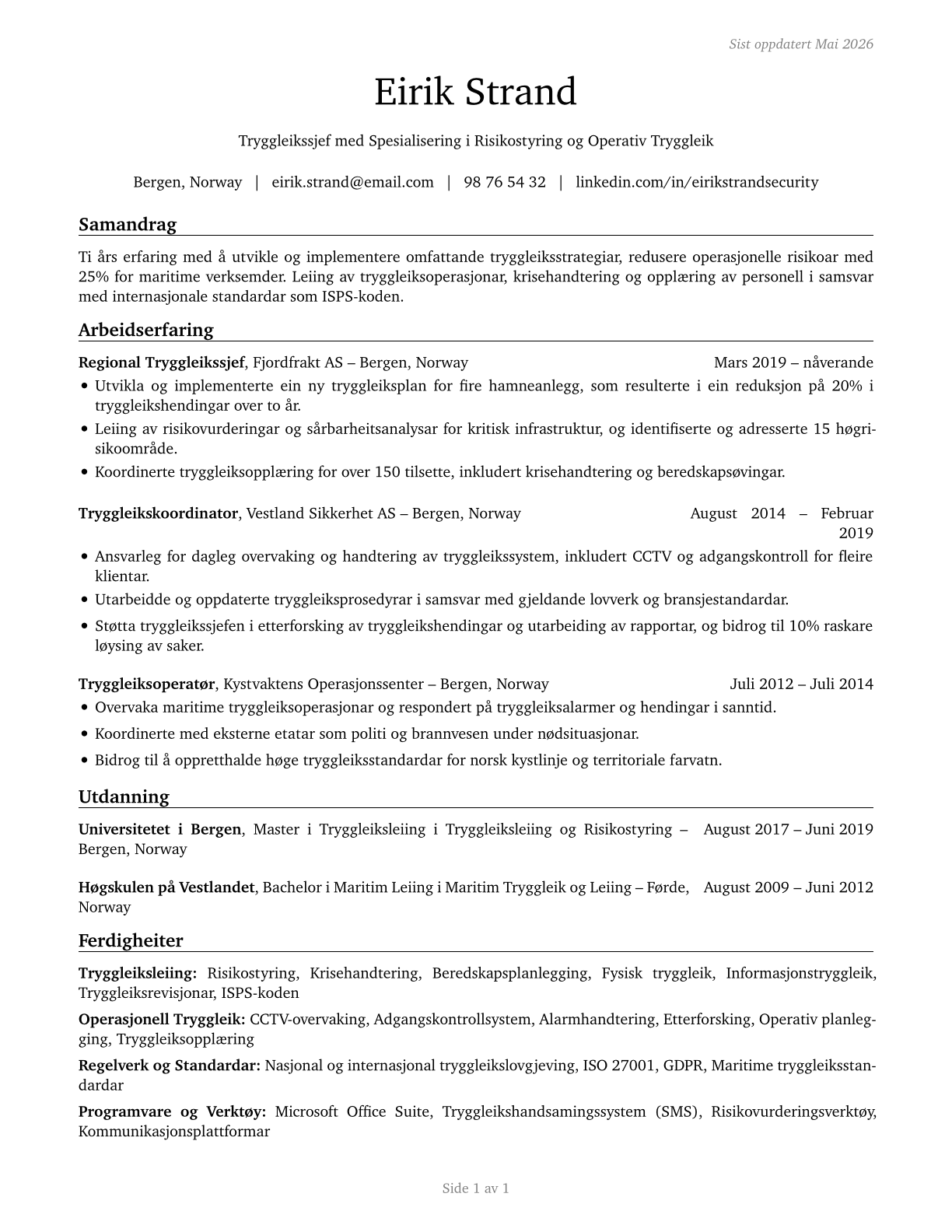 Security Managers CV in Norwegian_nynorsk — page 1