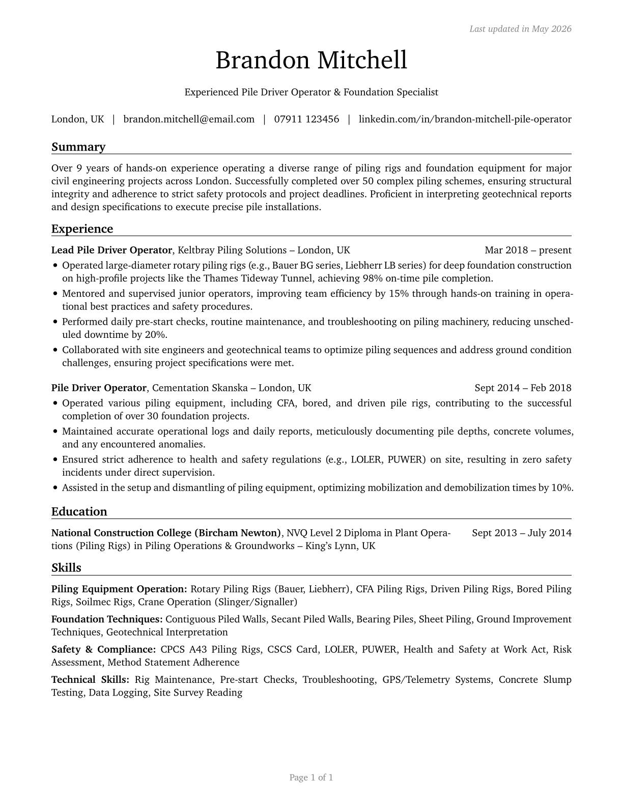 Pile Driver Operators CV in English — page 1