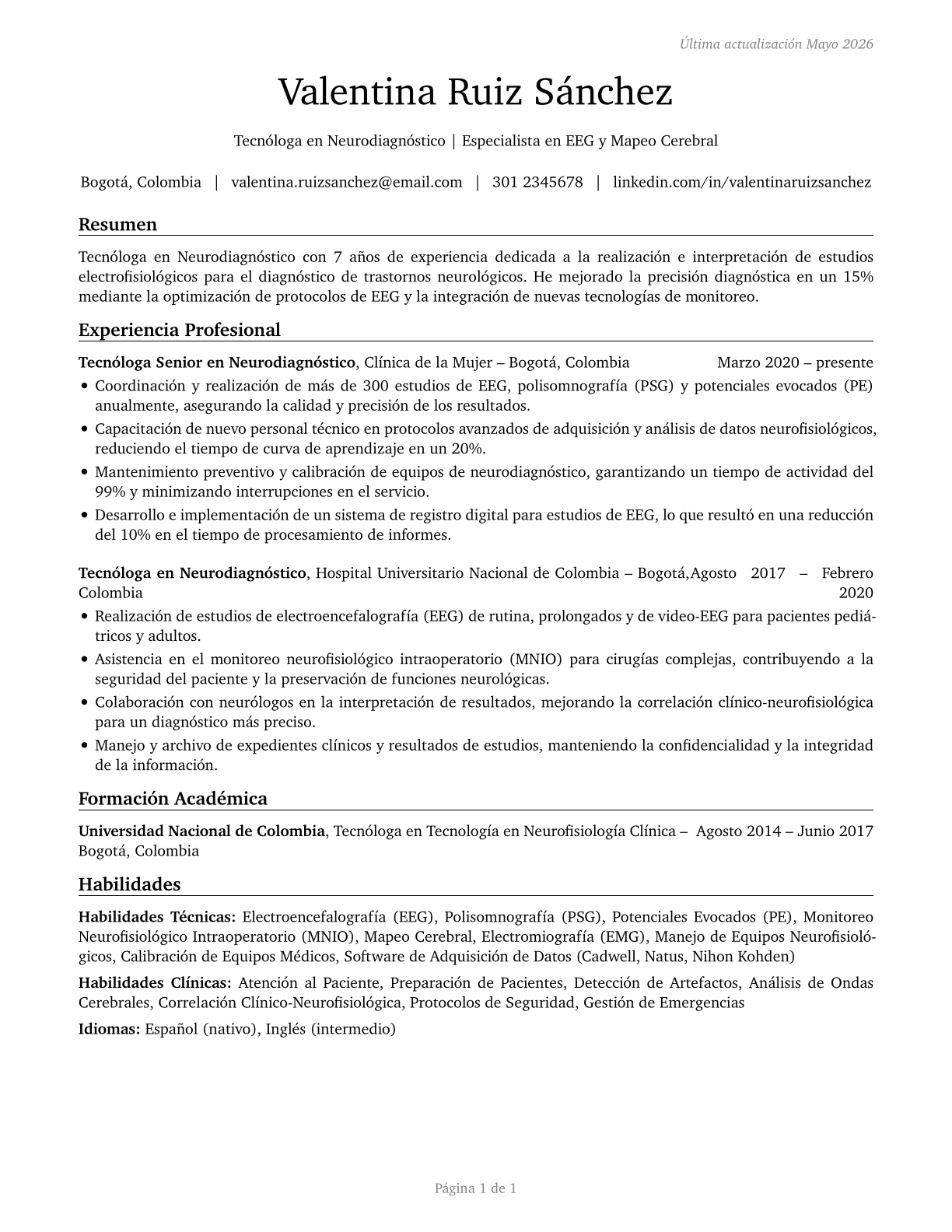 Neurodiagnostic Technologists CV in Spanish — page 1