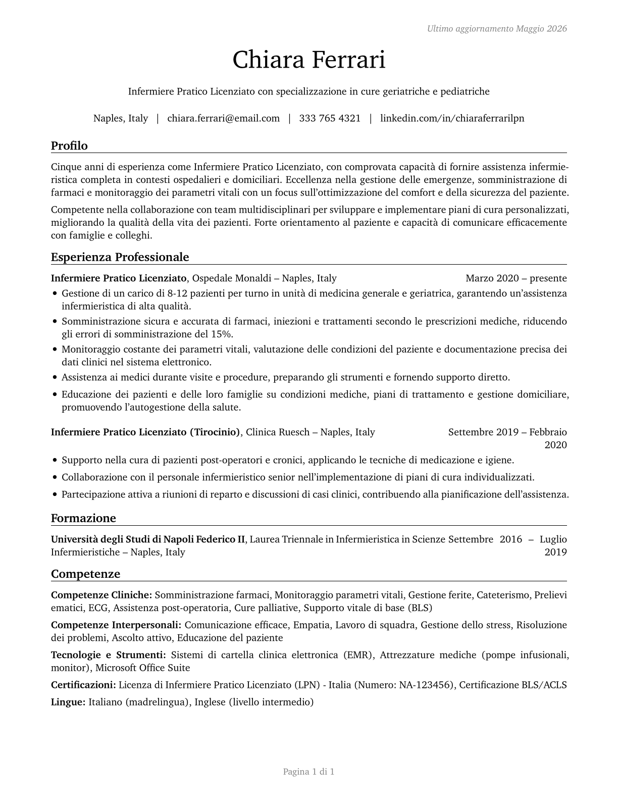 Licensed Practical and Licensed Vocational Nurses CV in Italian — page 1