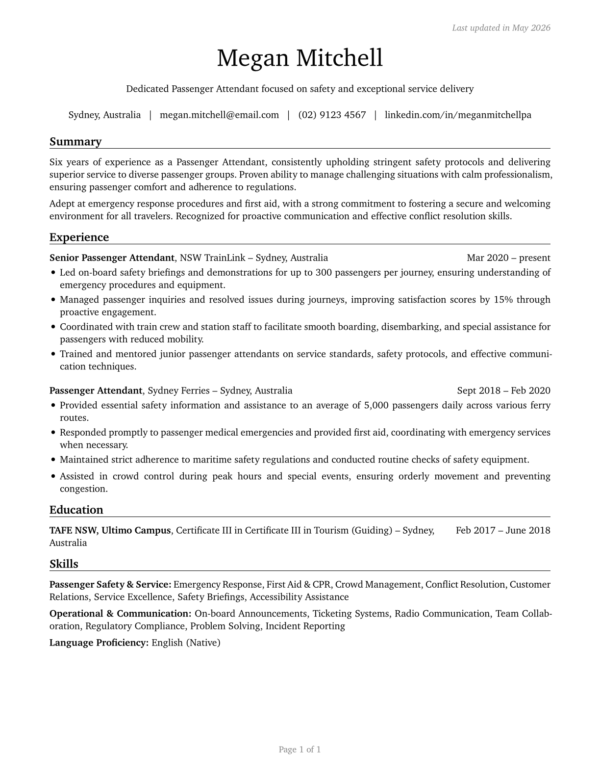 Passenger Attendants CV in English — page 1