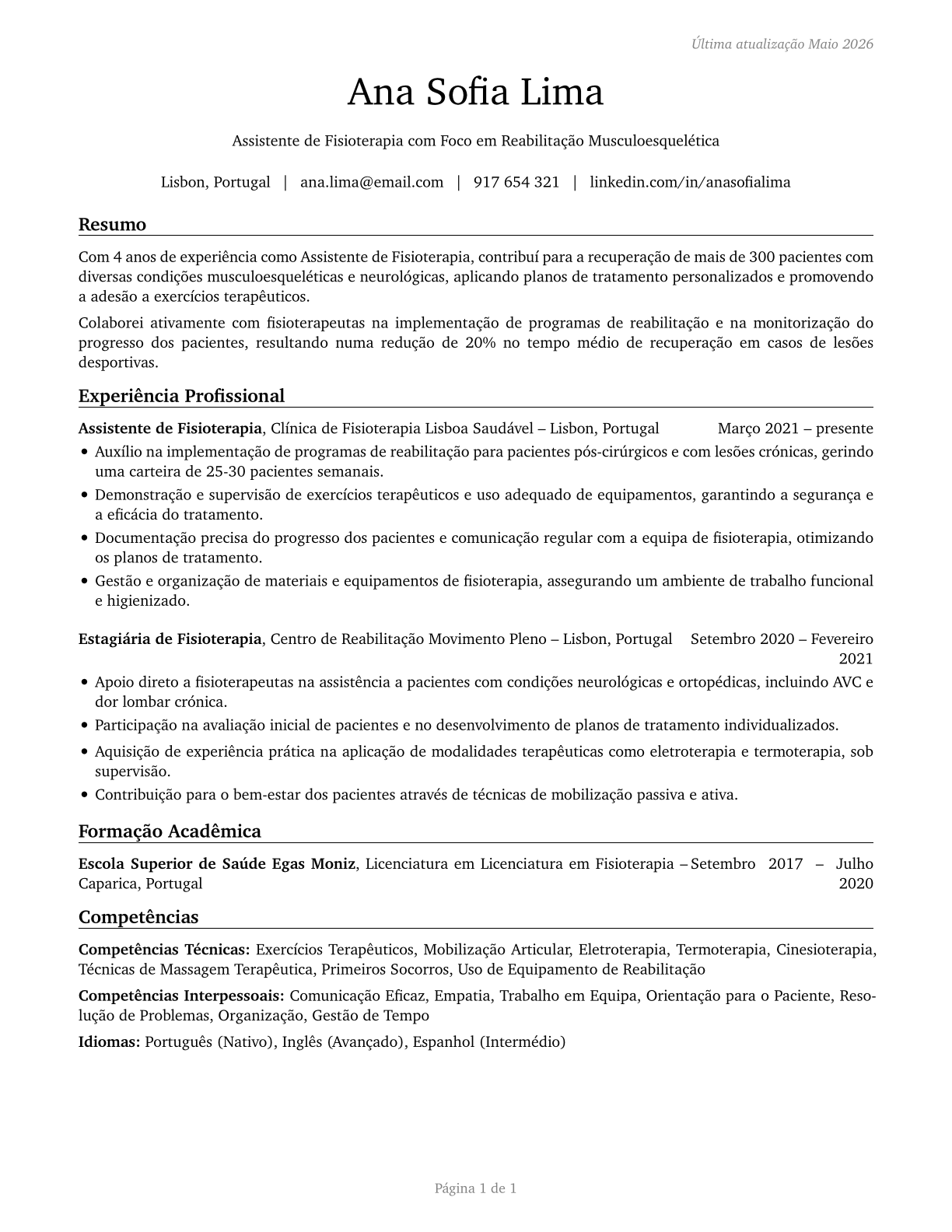 Physical Therapist Assistants CV in Portuguese — page 1