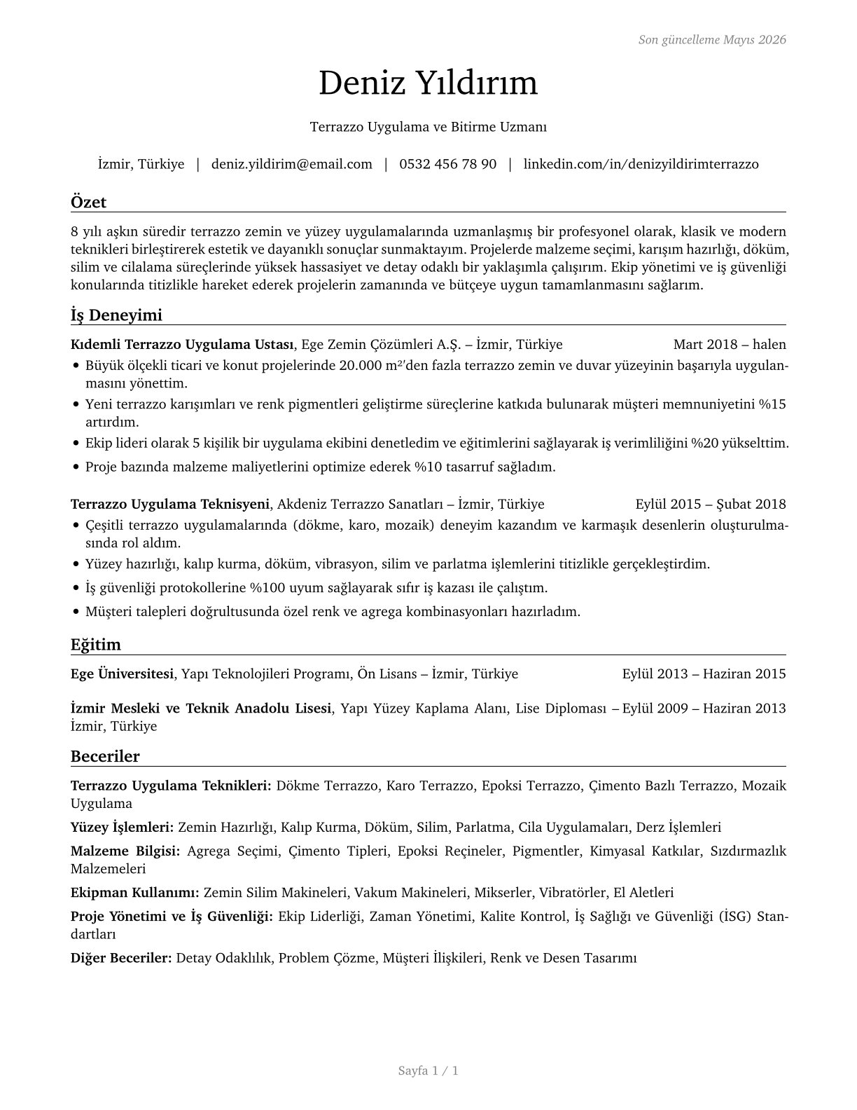 Terrazzo Workers and Finishers CV in Turkish — page 1