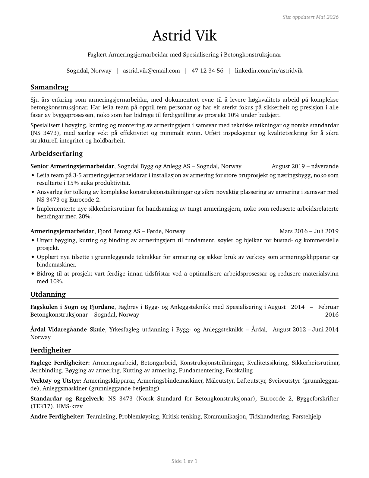 Reinforcing Iron and Rebar Workers CV in Norwegian_nynorsk — page 1