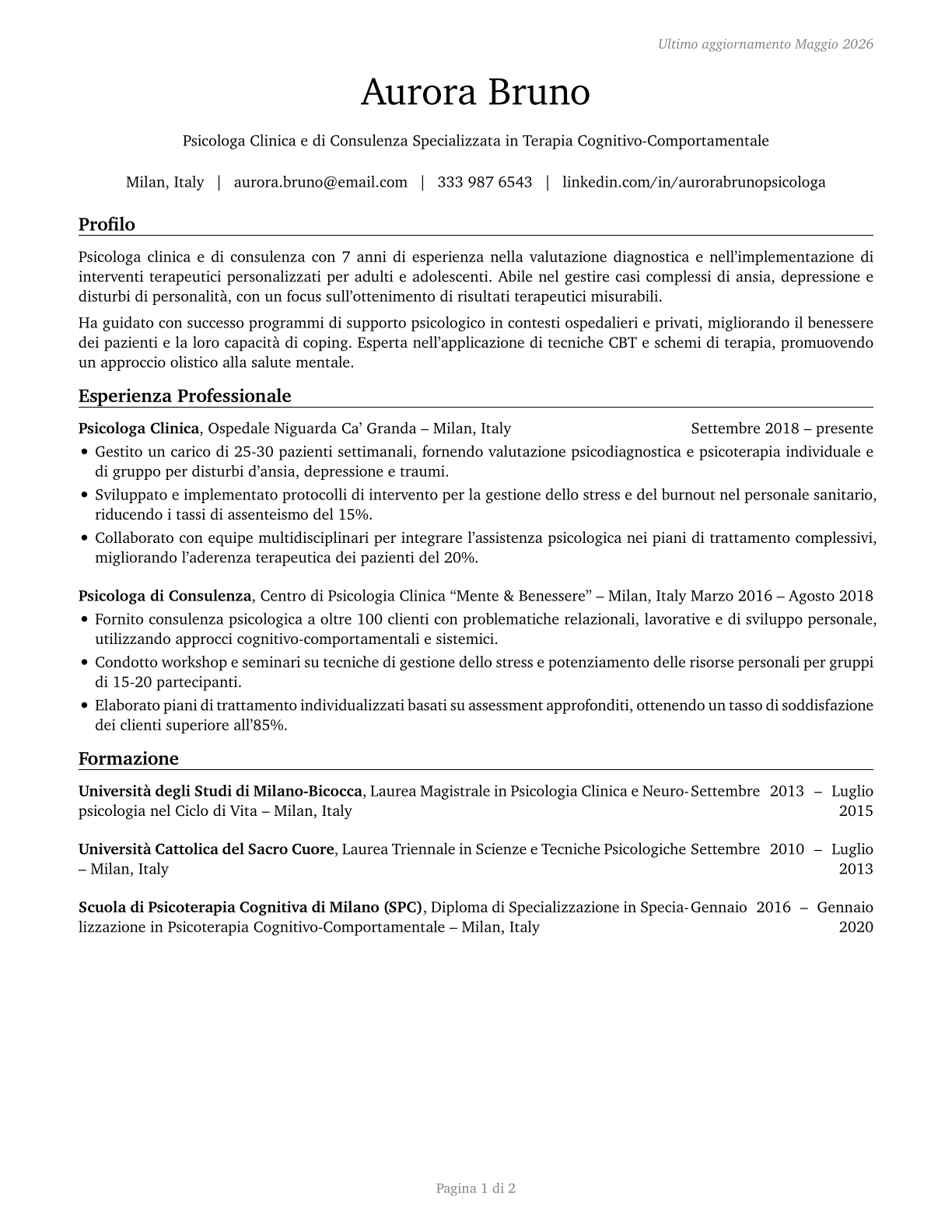 Clinical and Counseling Psychologists CV in Italian — page 1