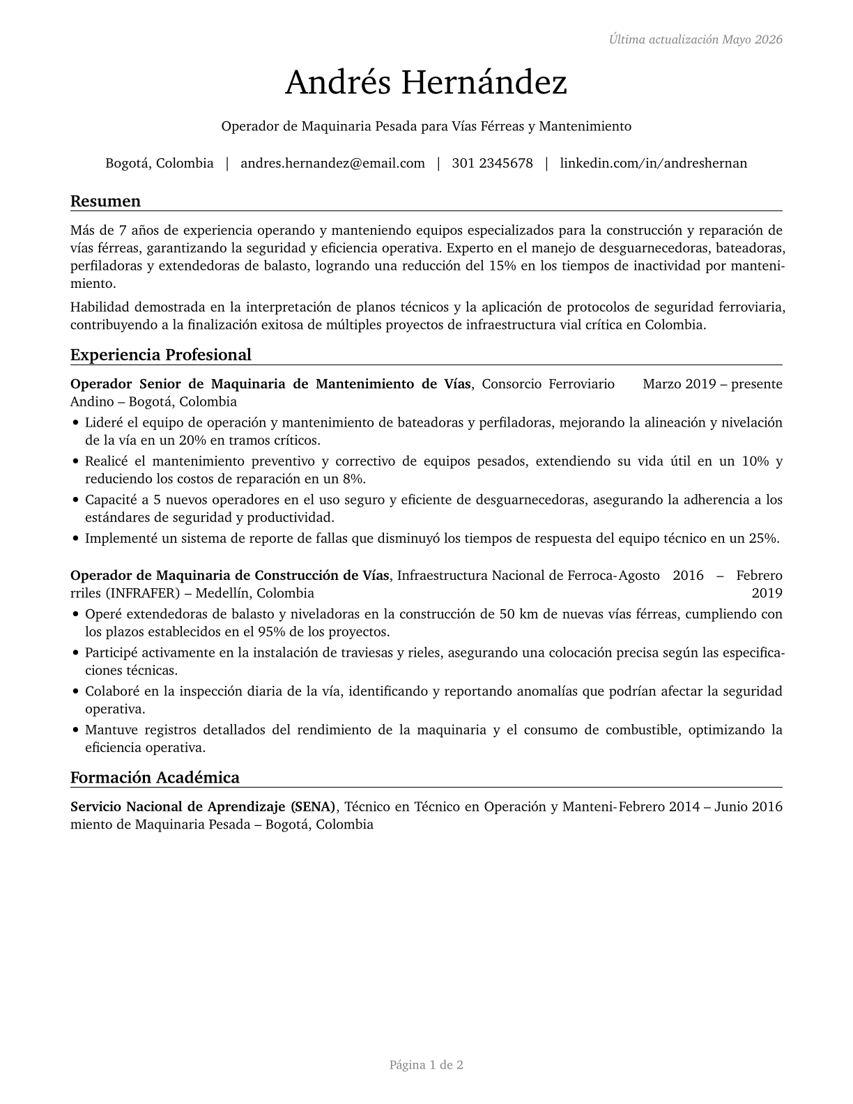 Rail-Track Laying and Maintenance Equipment Operators CV in Spanish — page 1