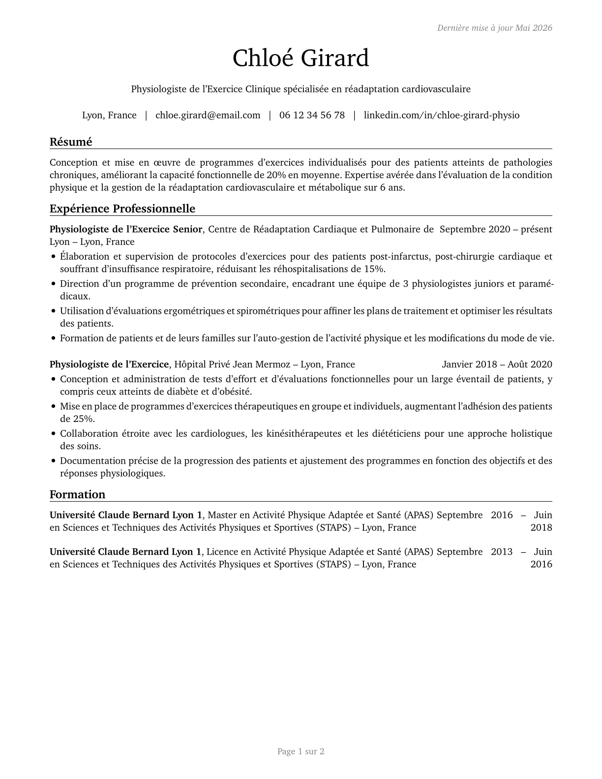Exercise Physiologists CV in French — page 1