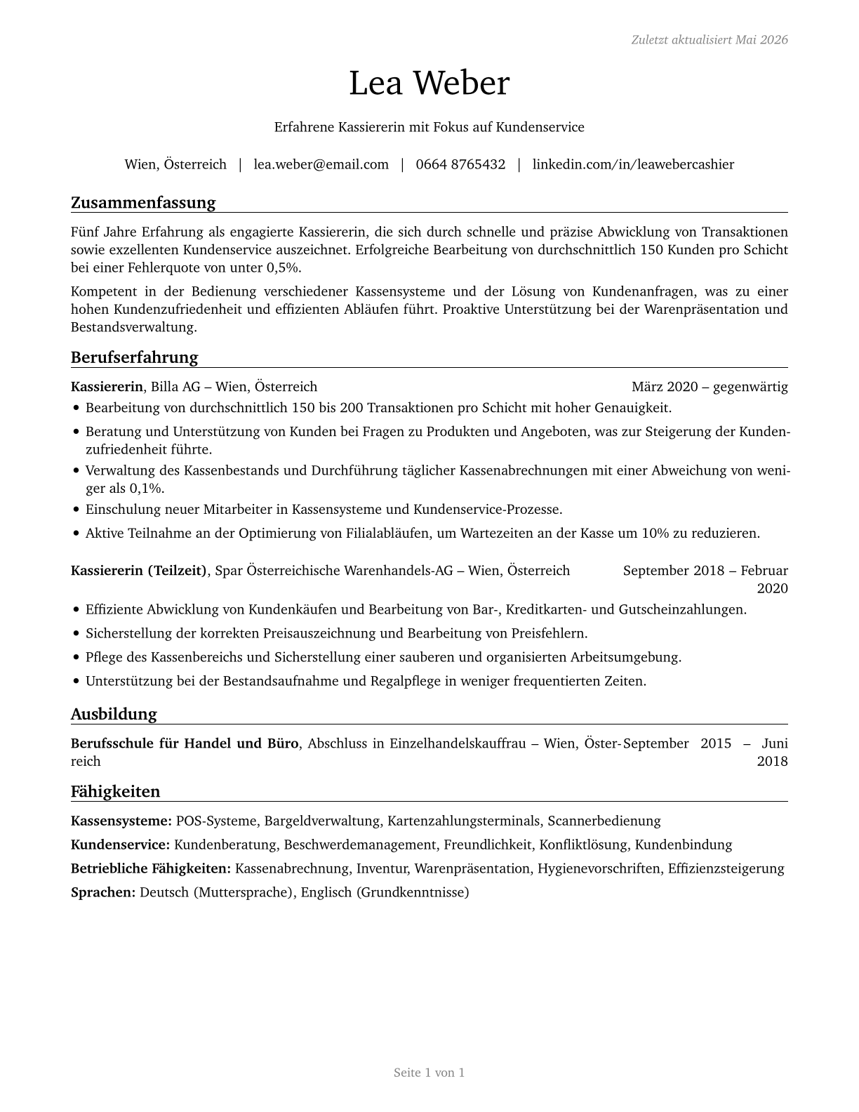 Cashiers CV in German — page 1