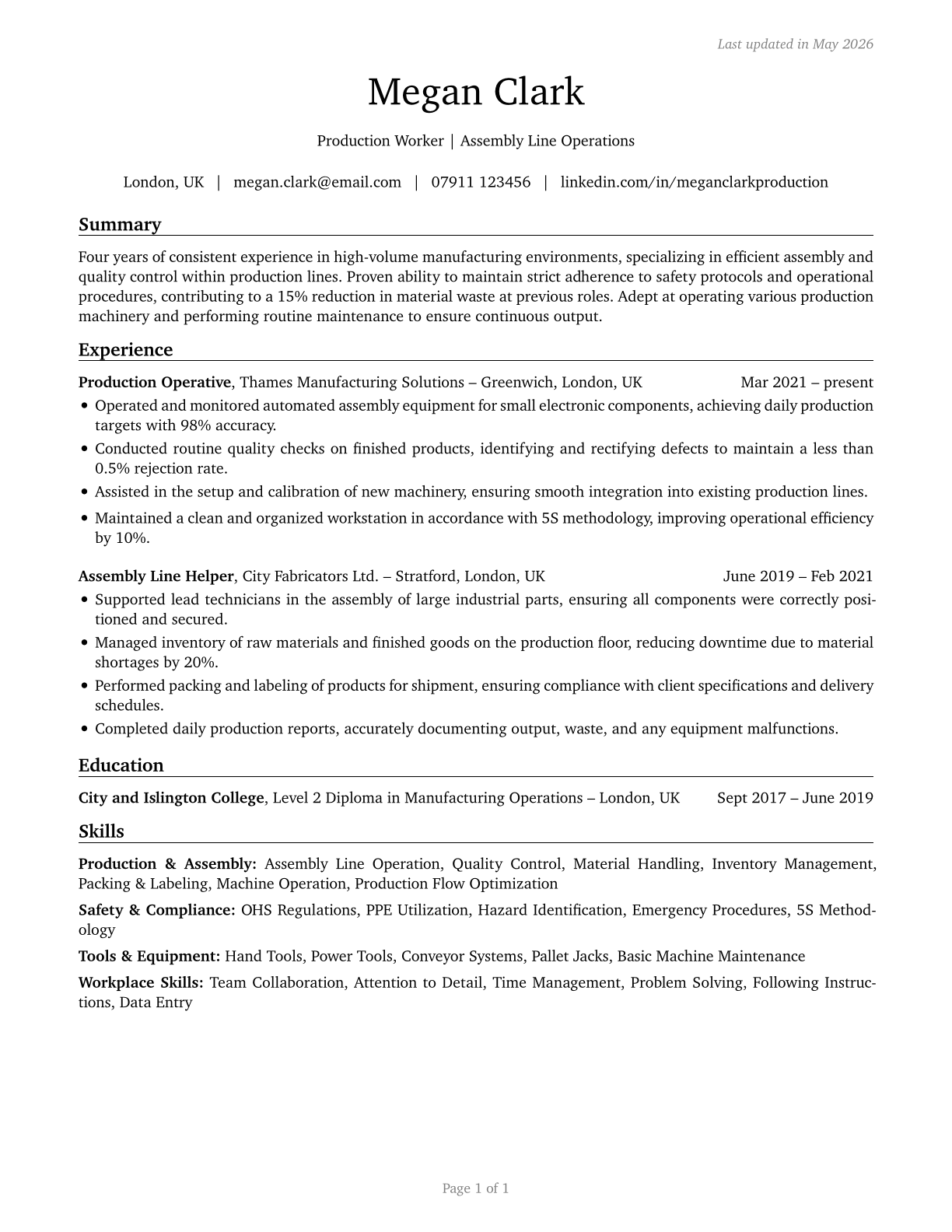 Helpers--Production Workers CV in English — page 1