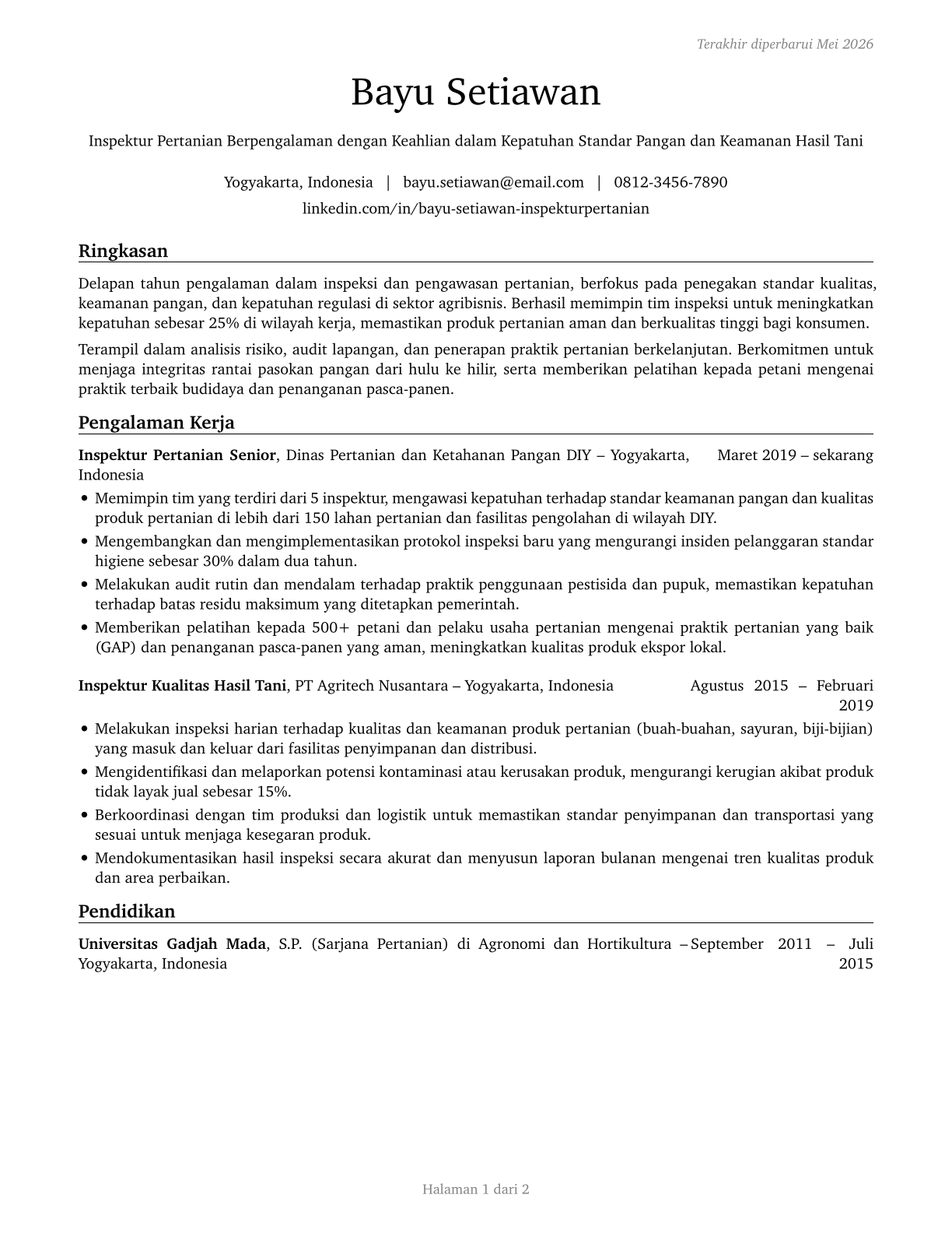 Agricultural Inspectors CV in Indonesian — page 1