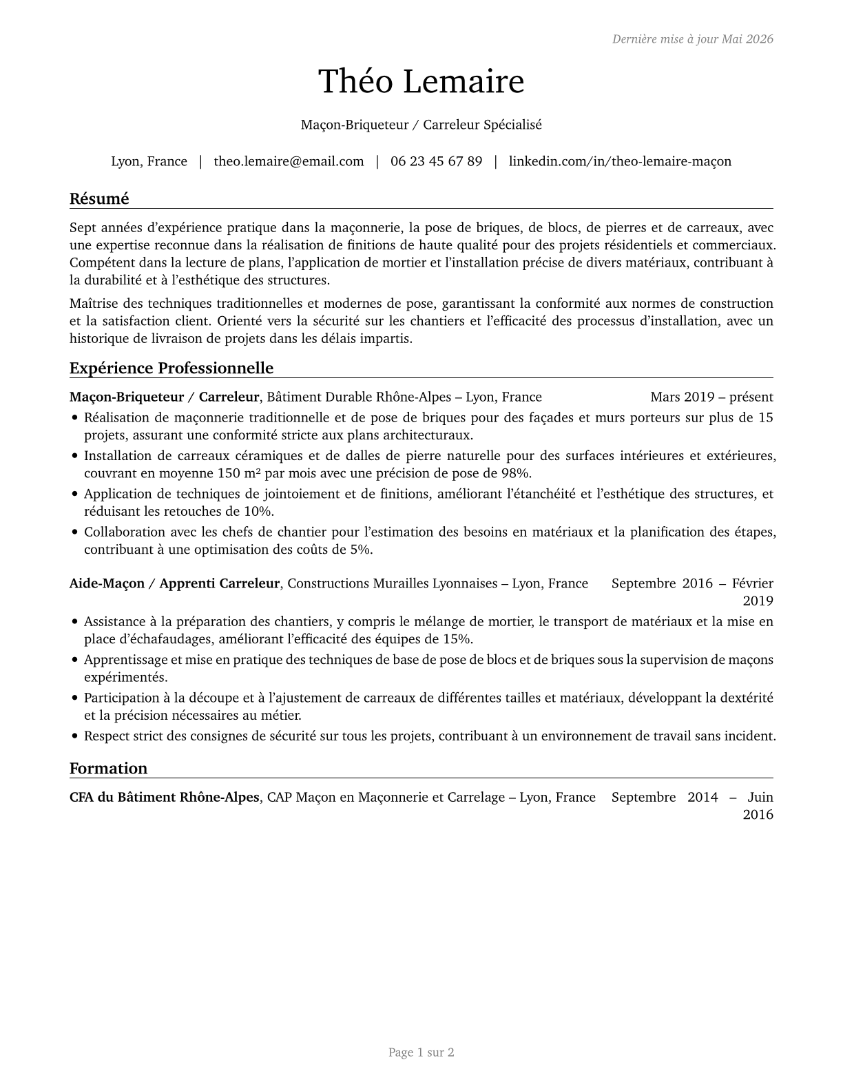 Helpers--Brickmasons, Blockmasons, Stonemasons, and Tile and Marble Setters CV in French — page 1