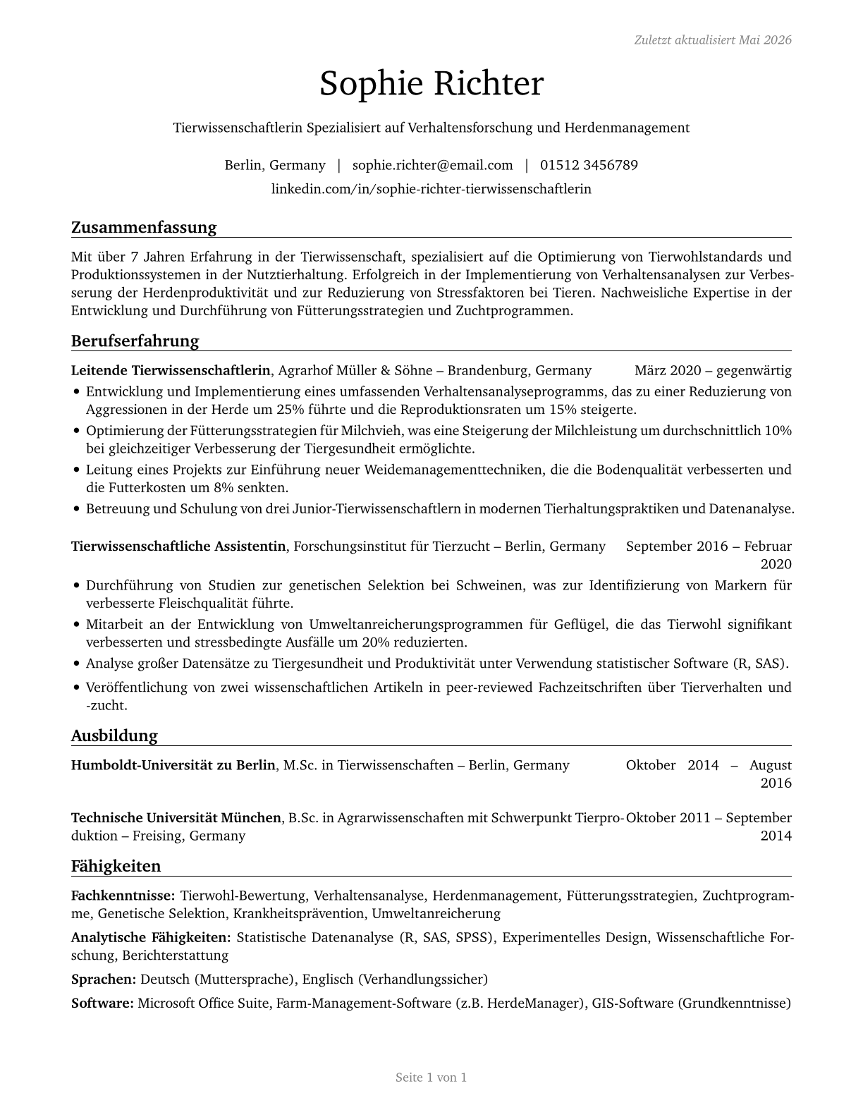 Animal Scientists CV in German — page 1