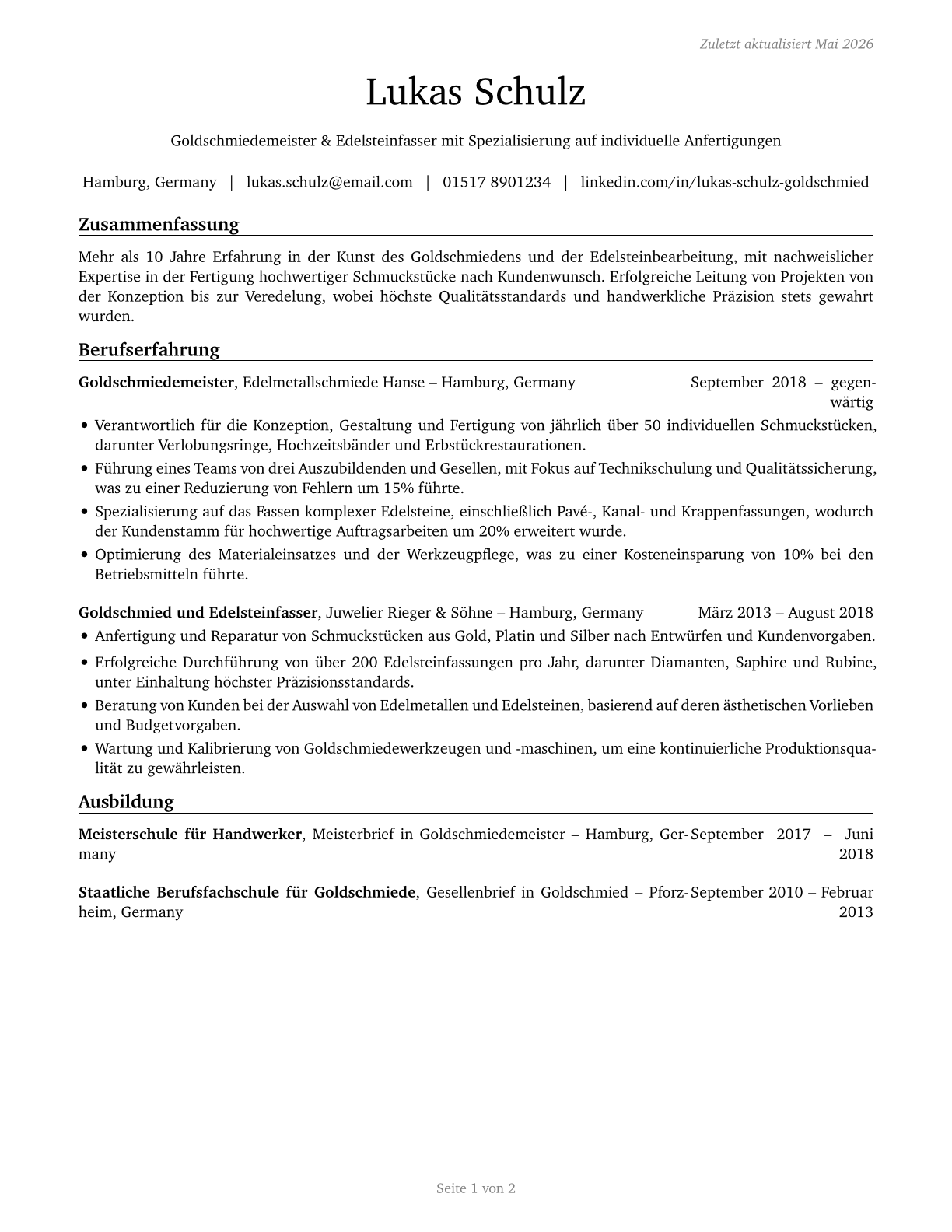 Jewelers and Precious Stone and Metal Workers CV in German — page 1