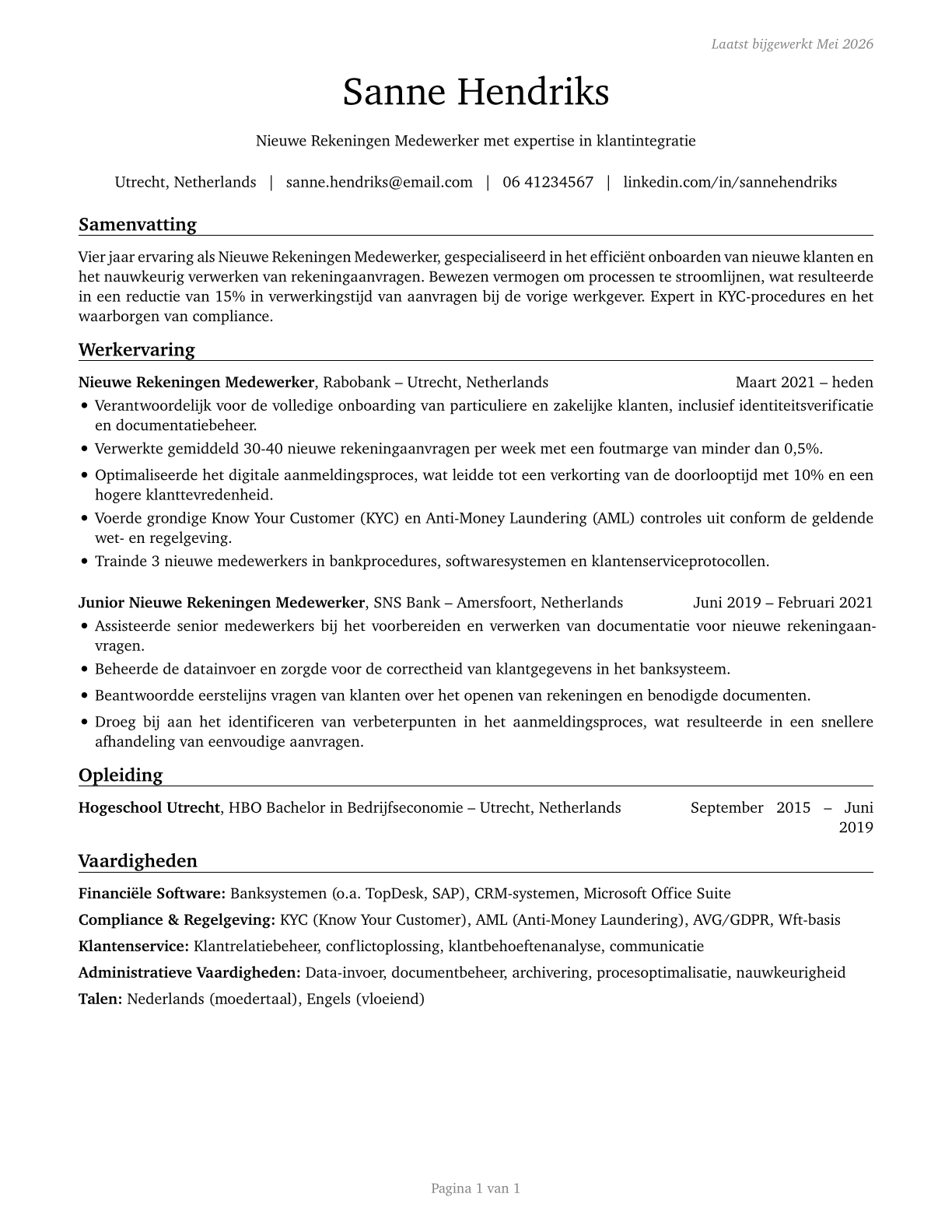 New Accounts Clerks CV in Dutch — page 1